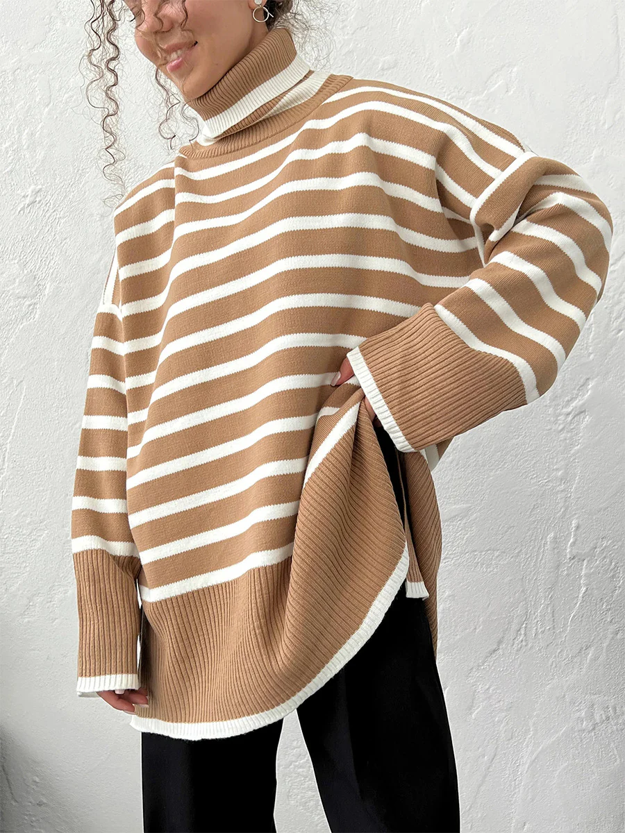 Khaki Turtle Neck Striped Sweater - Image 2