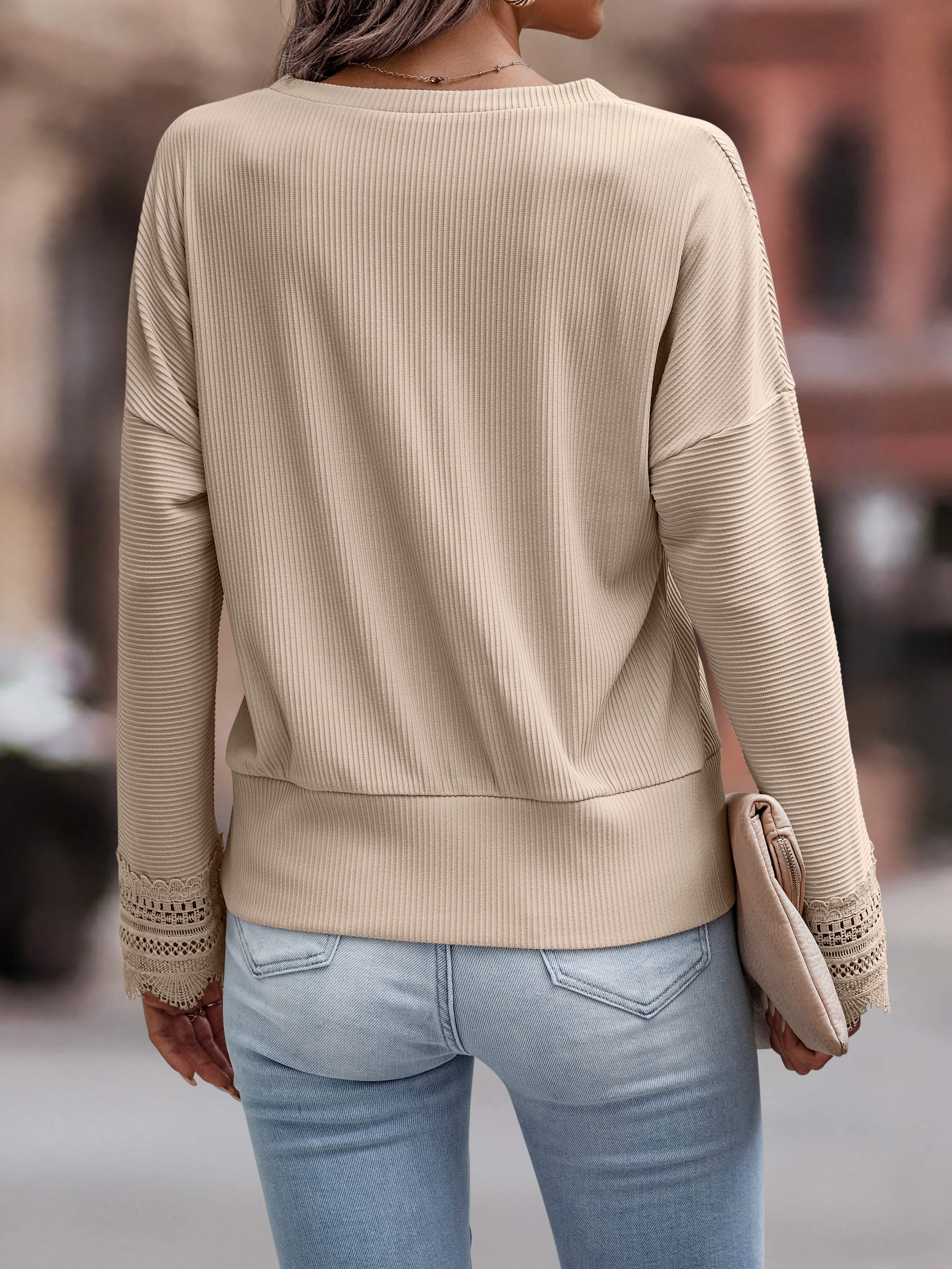 Khaki V Neck Top With Lace Inserts - Image 3