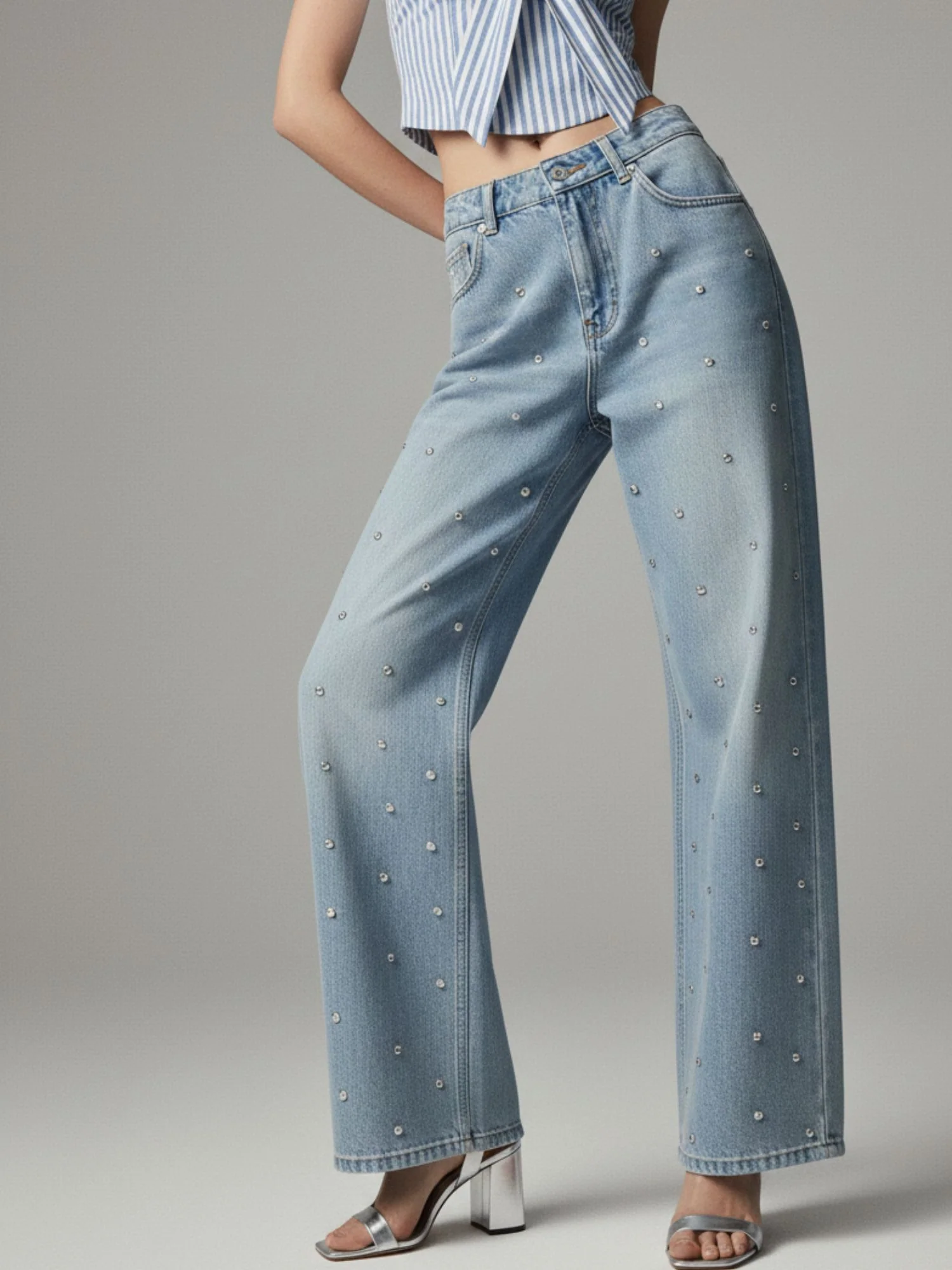 Light Blue All Over Spaced Out Studded Denim