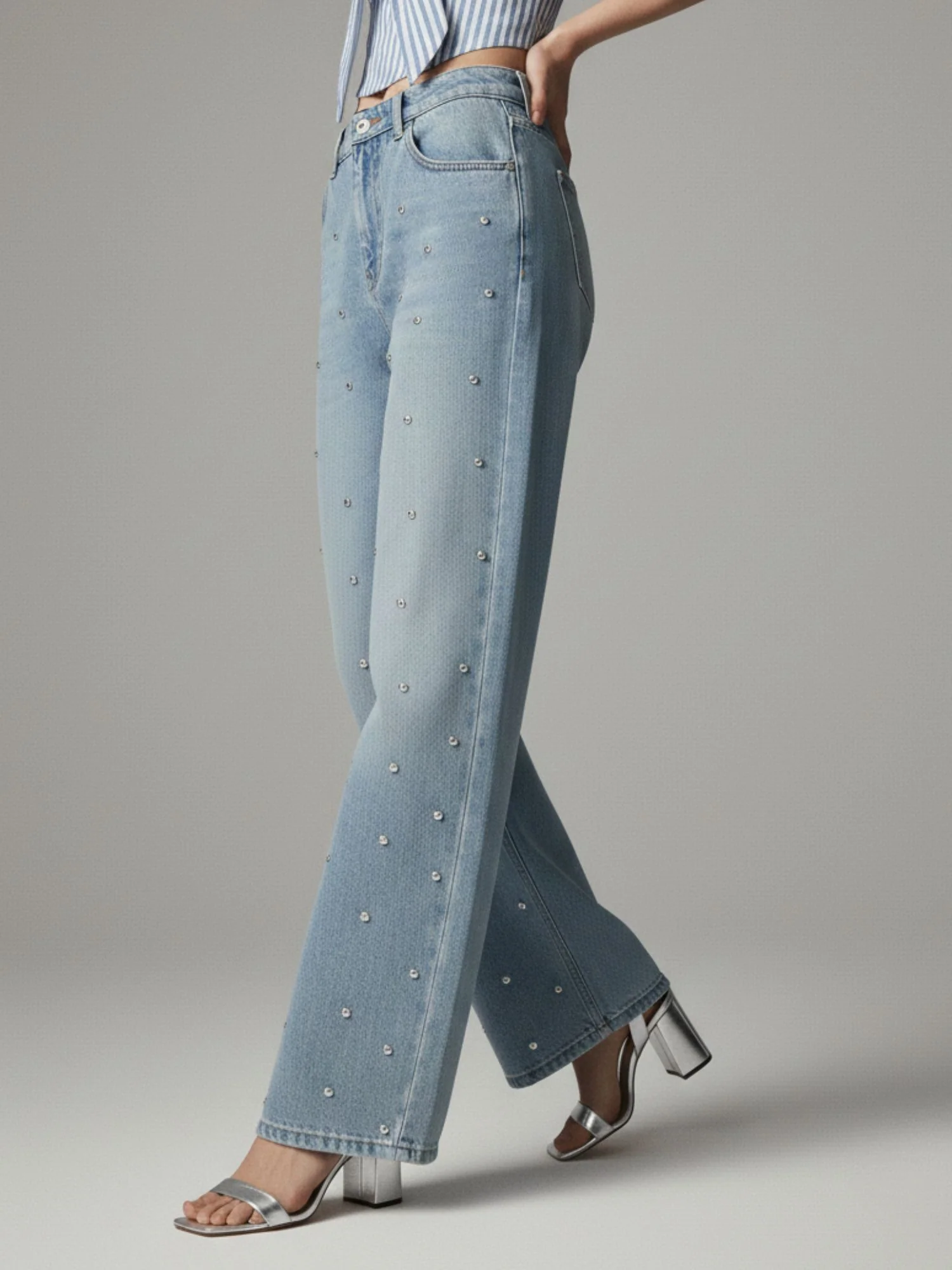 Light Blue All Over Spaced Out Studded Denim - Image 2