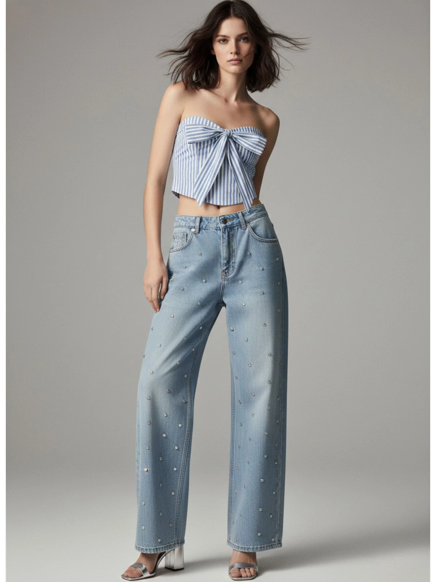 Light Blue All Over Spaced Out Studded Denim - Image 5