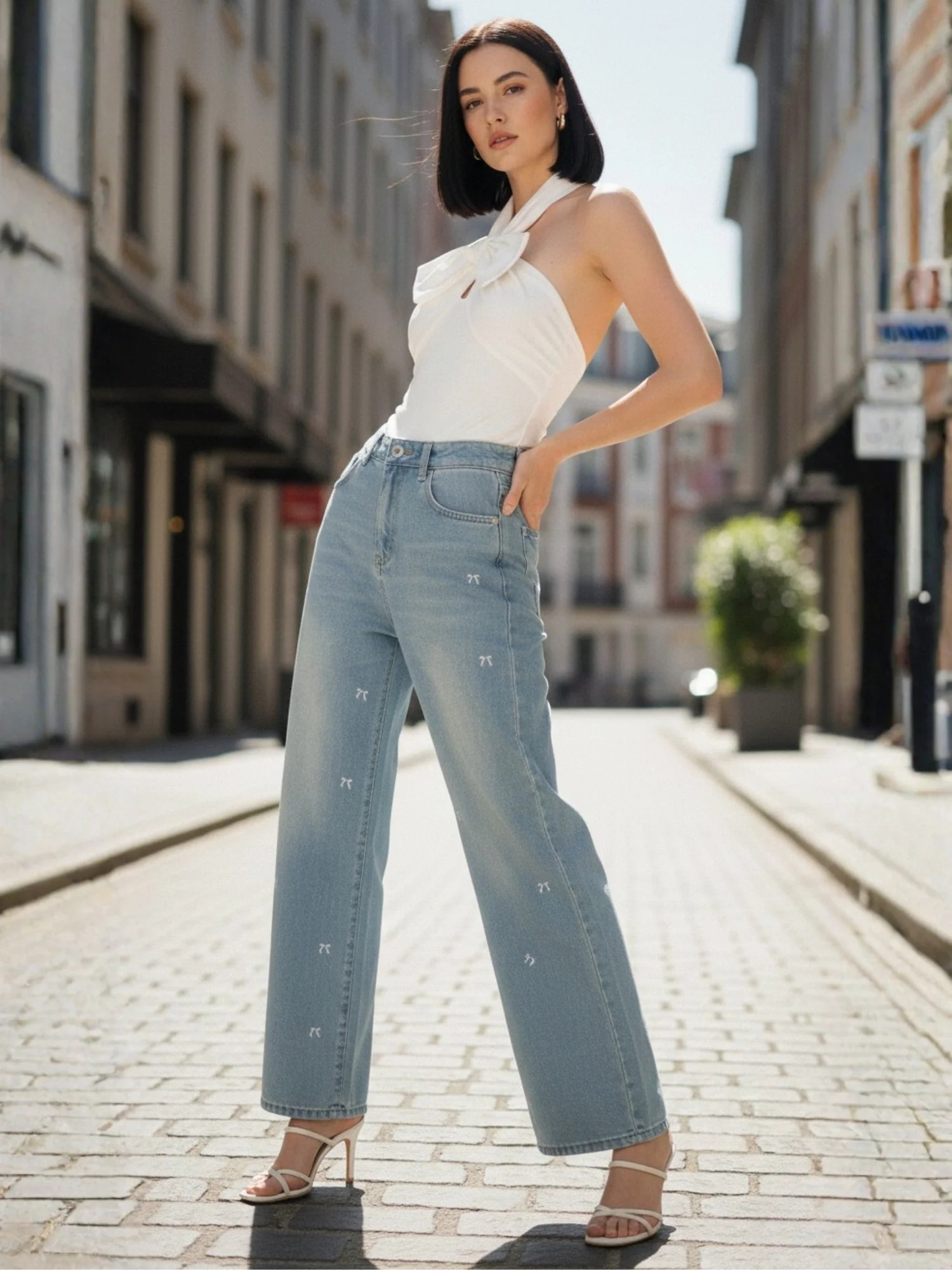Light Blue Bow Embroidered Wide Leg Pant - Image 4