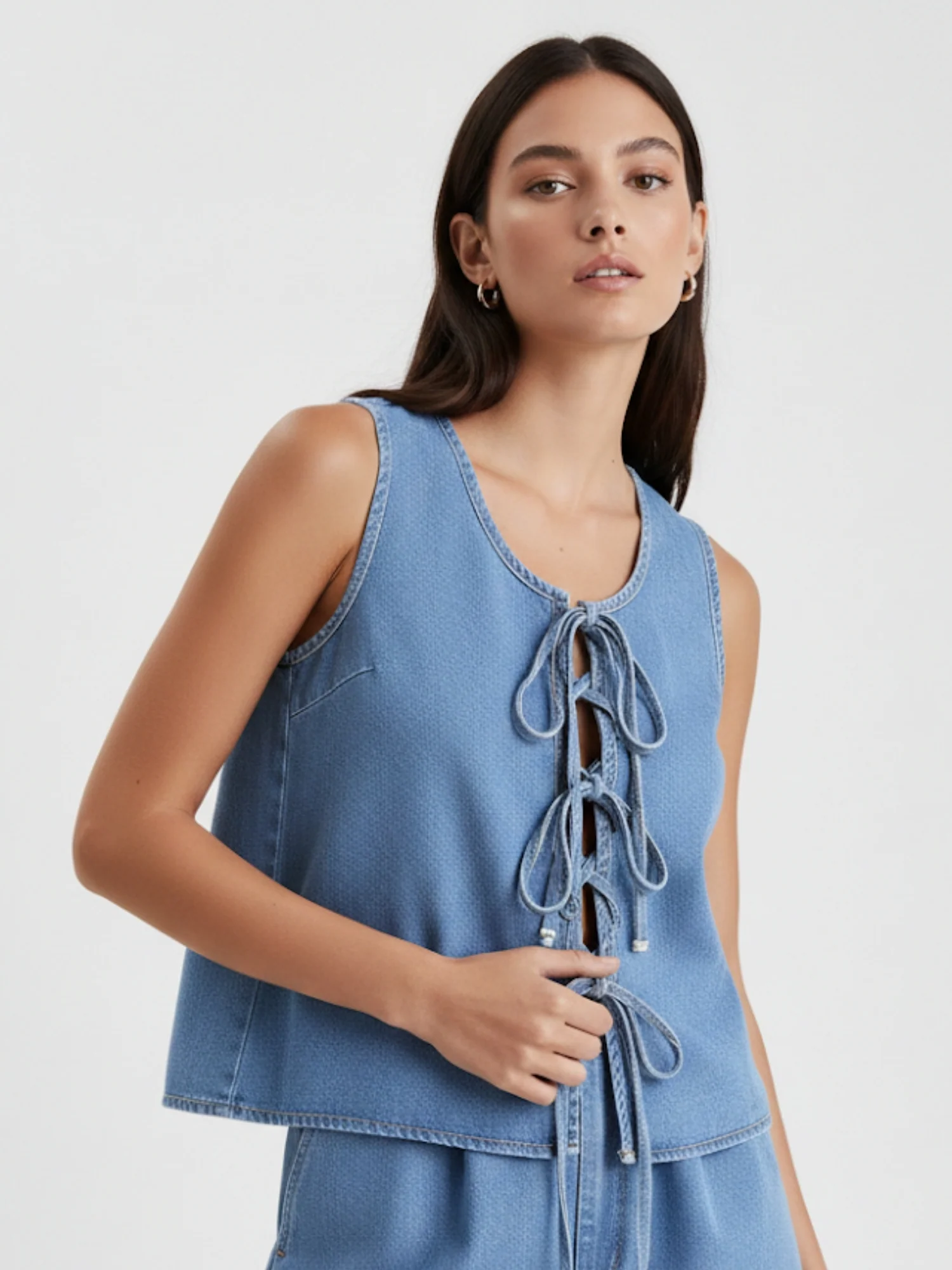 Light Blue Bow Tie-Up Denim Vest - Image 3