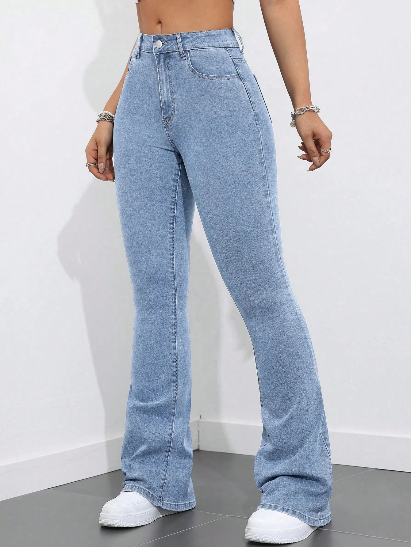 Light Blue Clean Washed Flared Jeans - Image 4