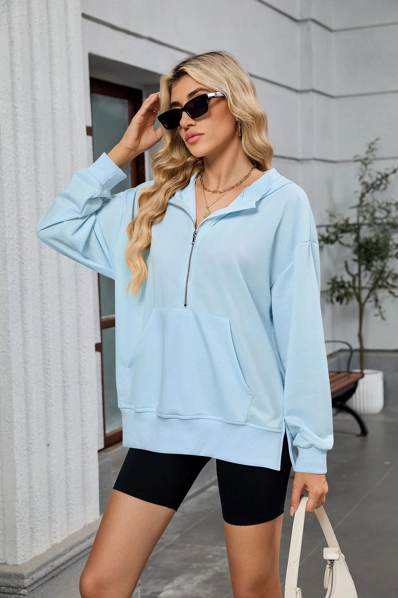 Light Blue Full Sleeves Half Zip Collared Sweatshirt - Image 4