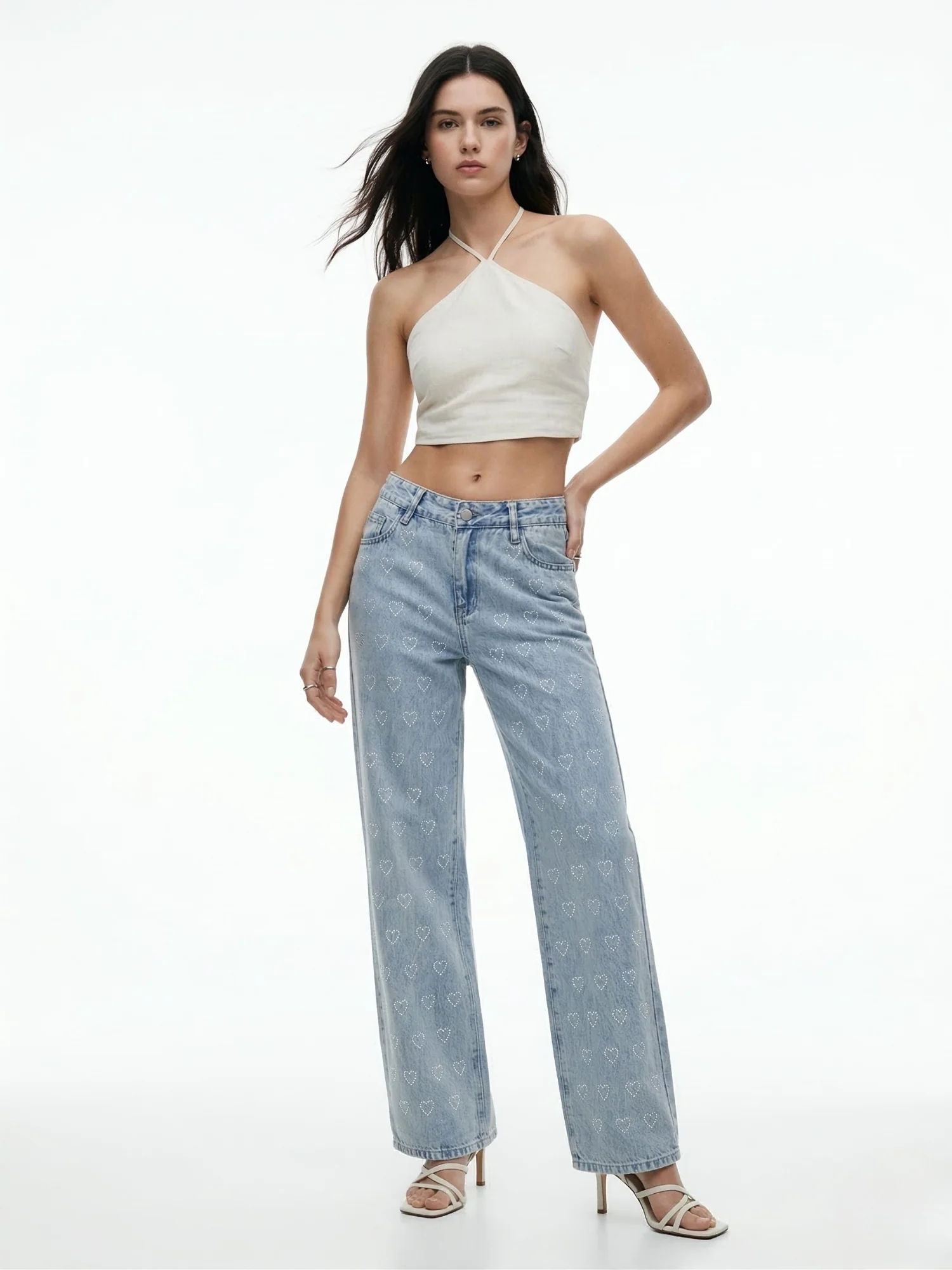 Light Blue Heart Sequined Washed Out Denim Jeans - Image 2