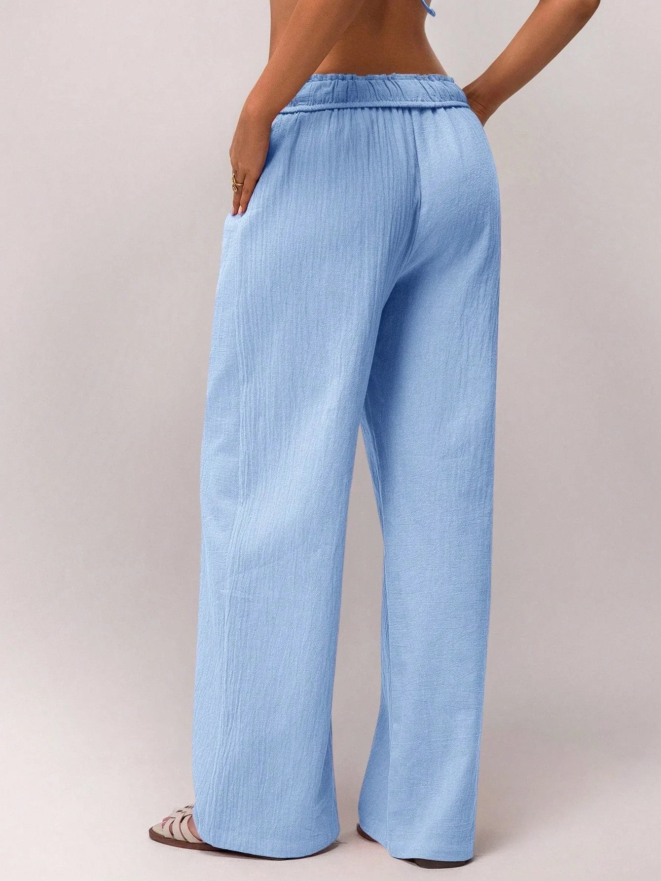 Light Blue High Waist Drawstring Wide Leg Trouser - Image 2