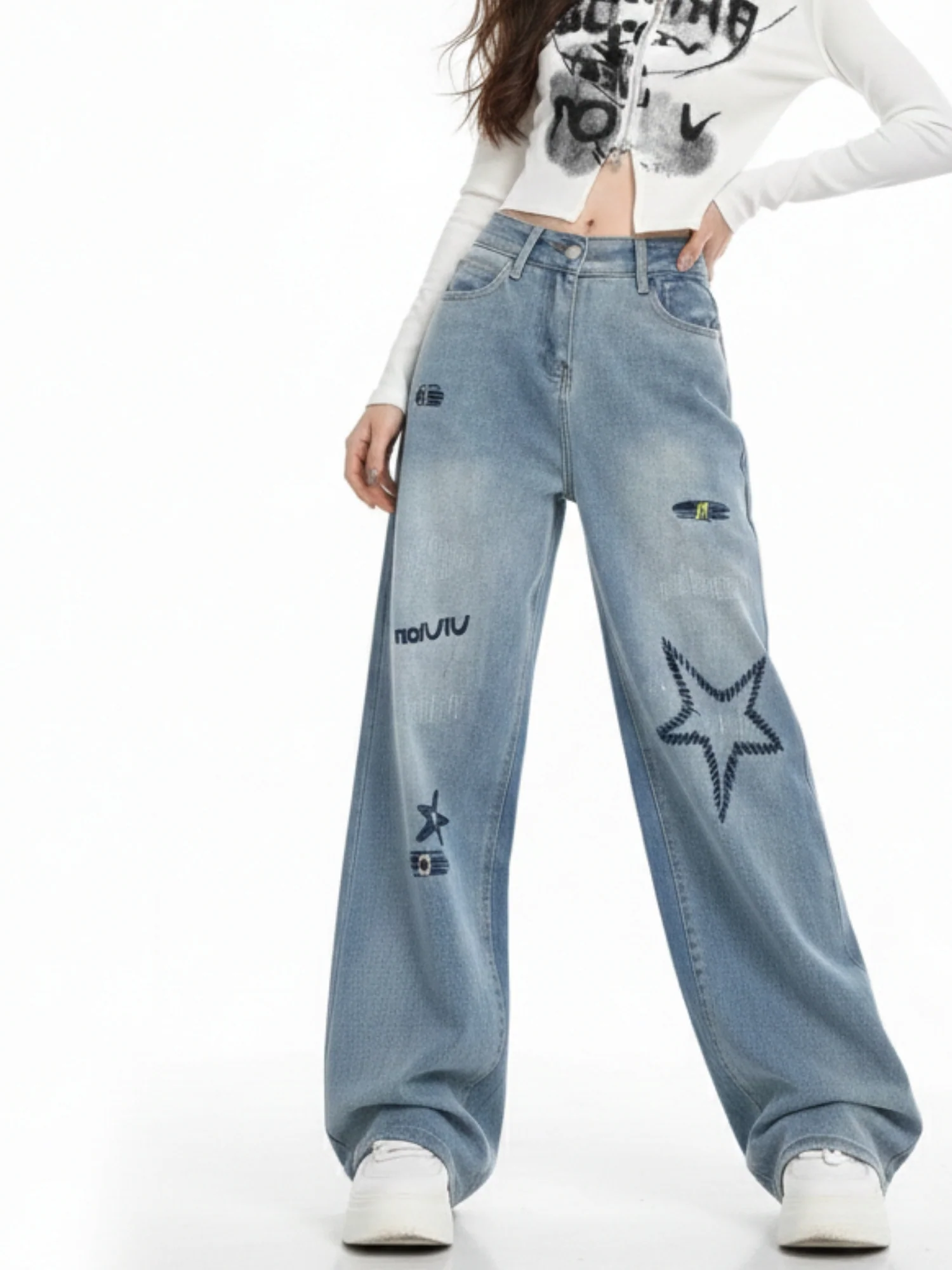 Light Blue High Waist Frayed Effect Jeans