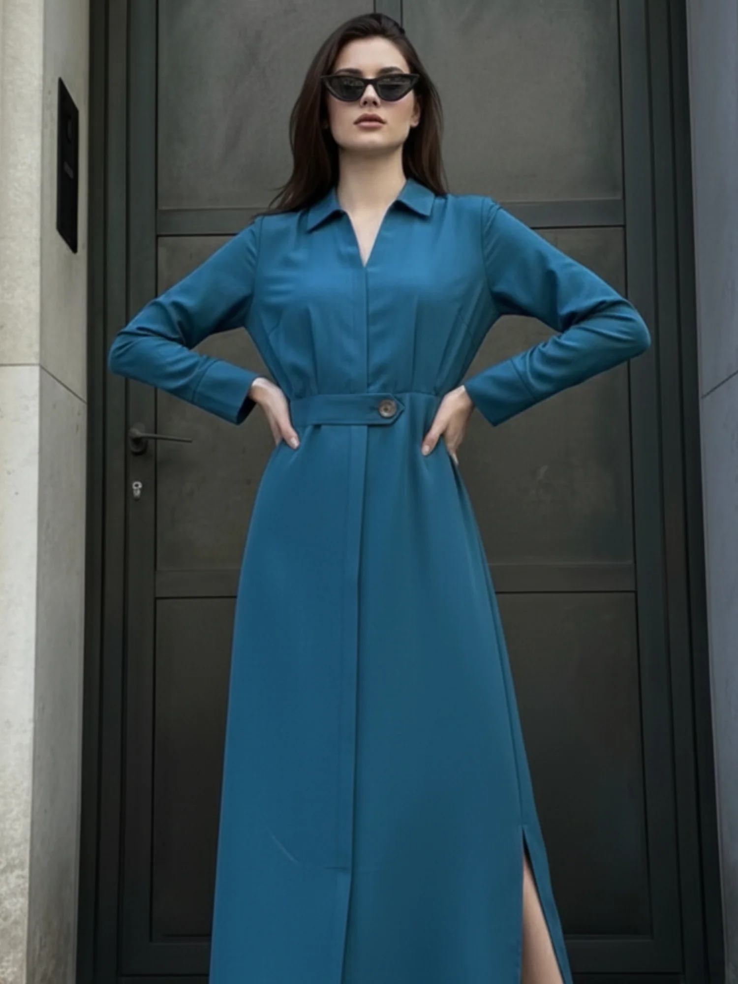 Light Blue Maxi Shirt Dress With Side Slit - Image 5