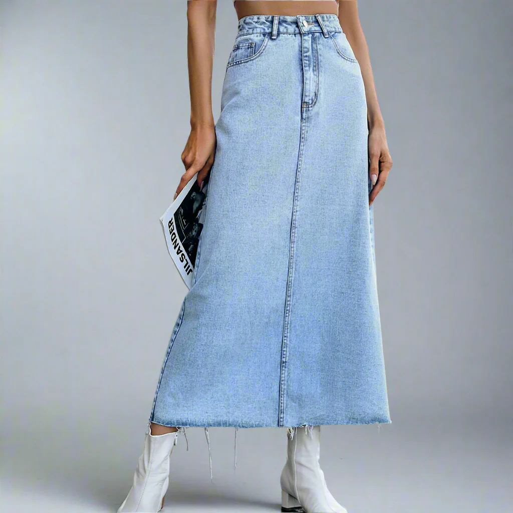 Light Blue Midi Denim Skirt With Freyed Hem - Image 2