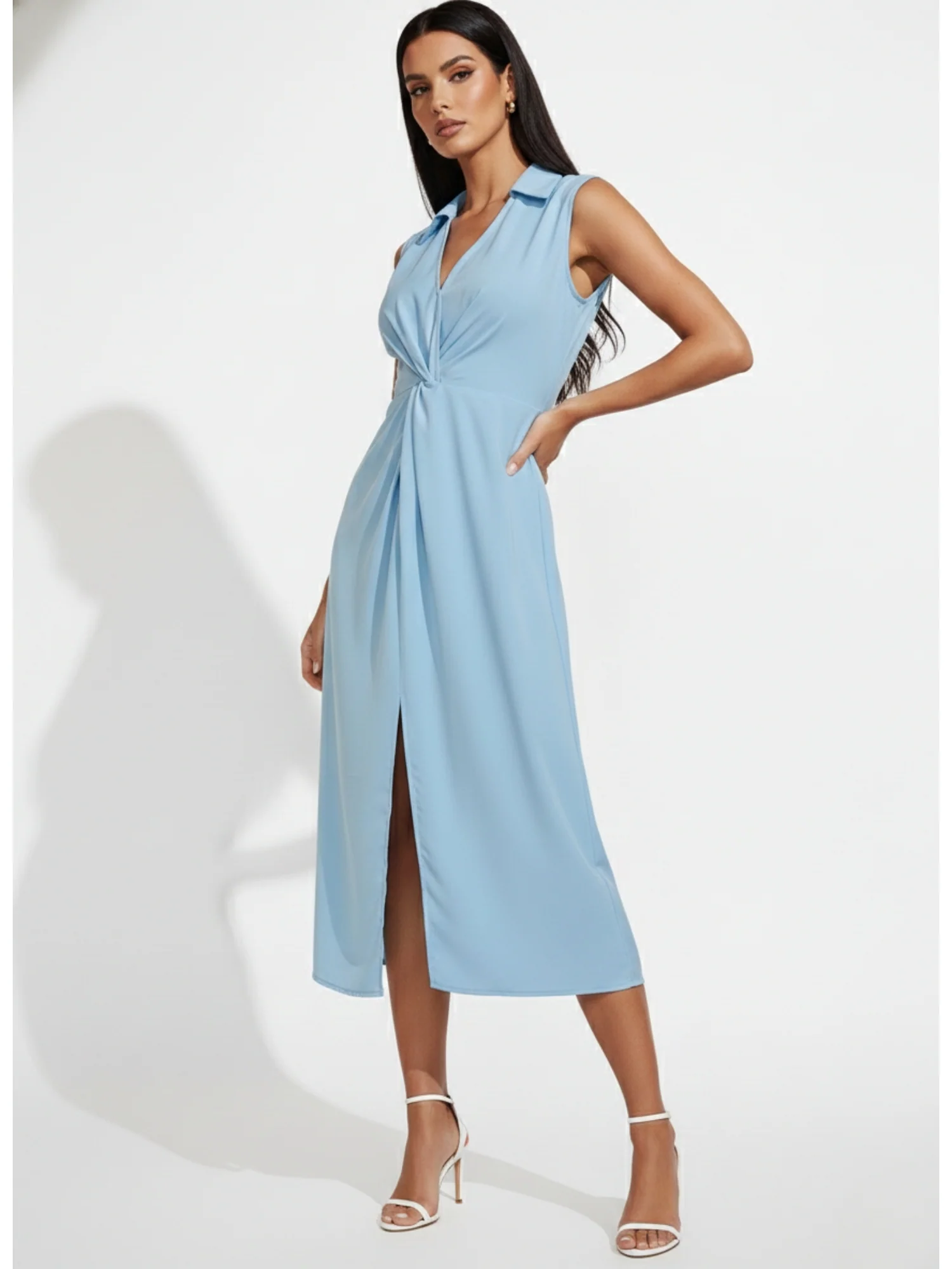 Light Blue Sleeveless Collared Slit Dress
