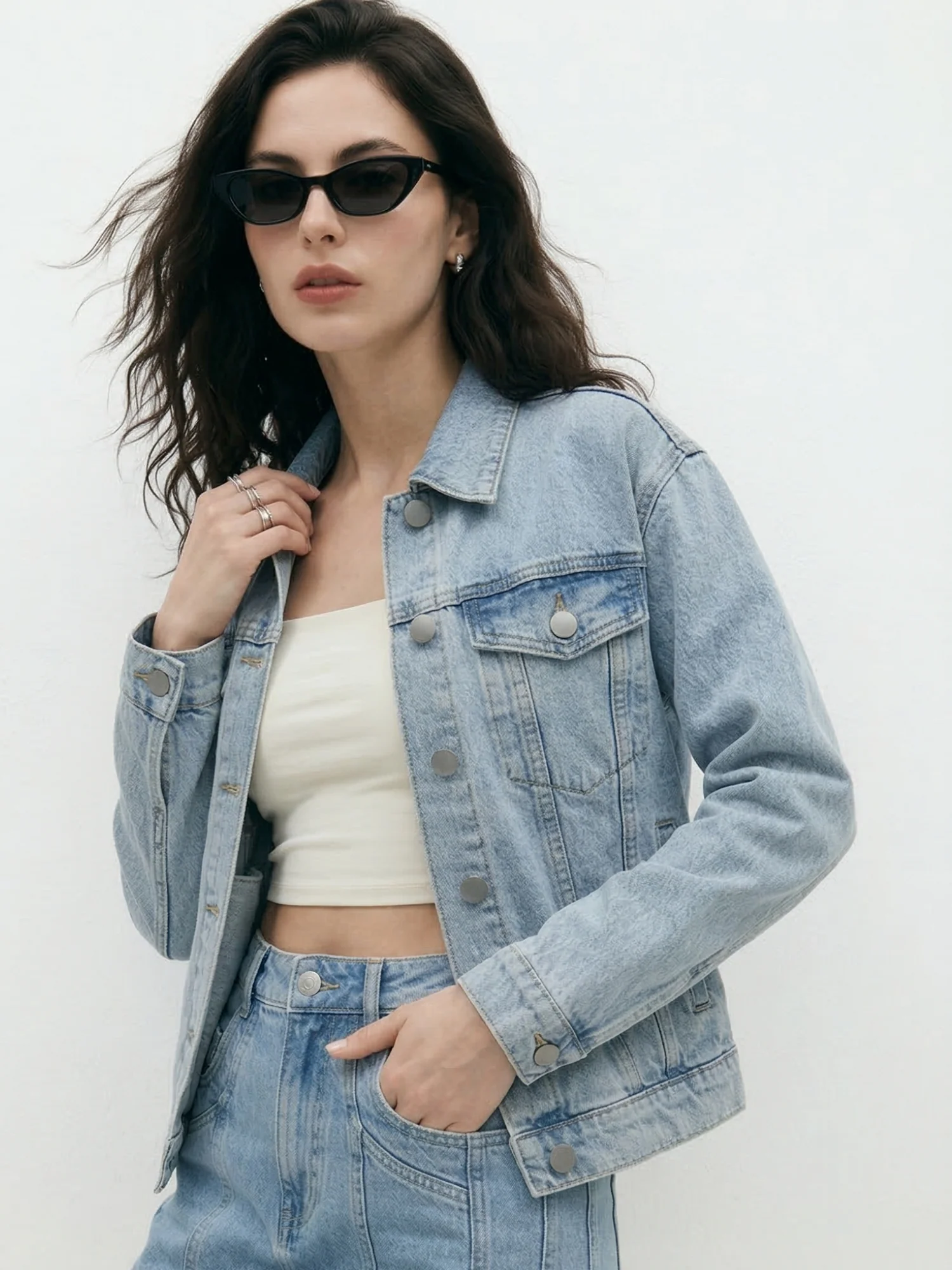 Light Blue Solid Relaxed Denim Jacket - Image 2