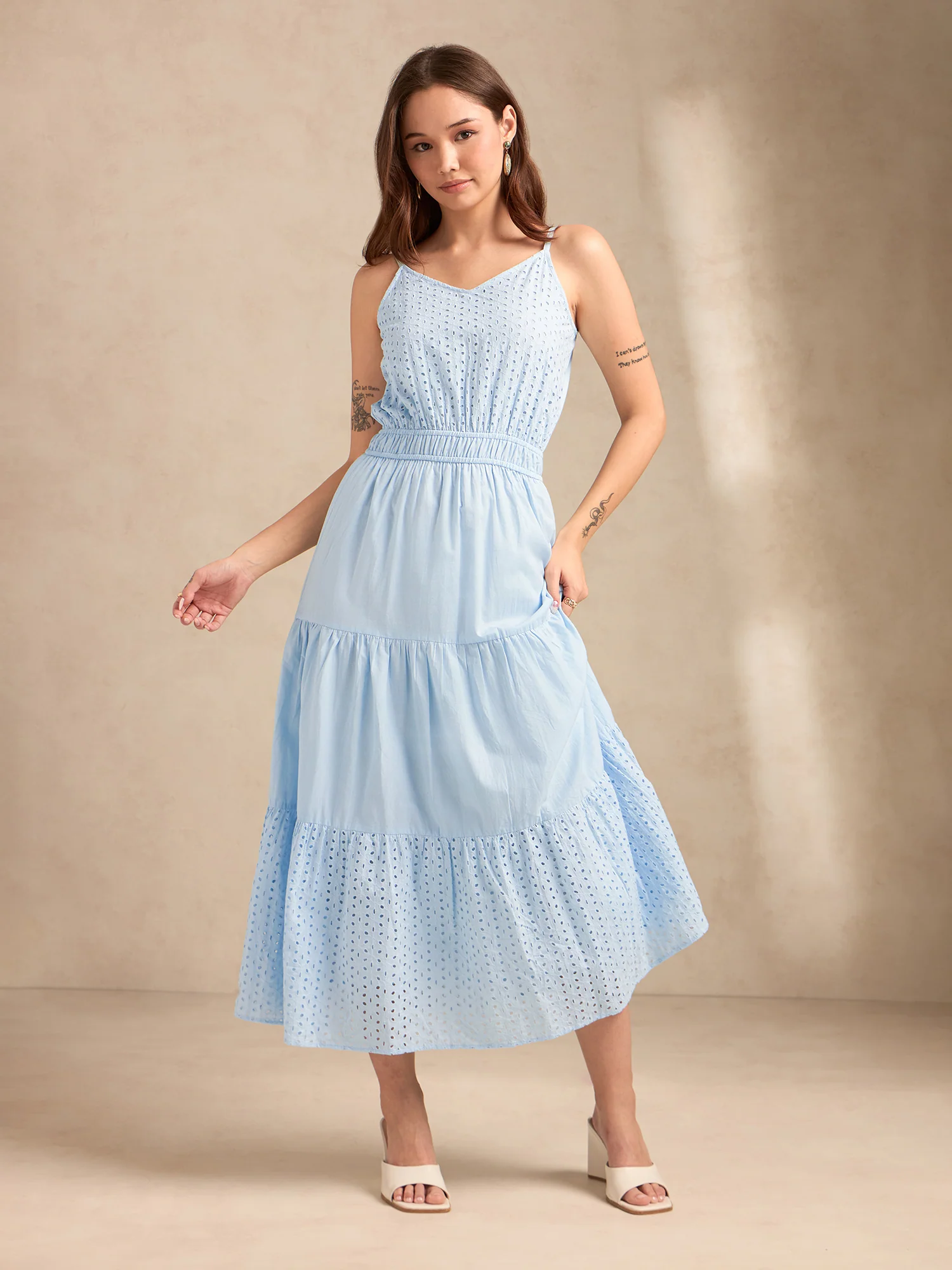 Light Blue Strappy Schiffli Maxi Dress - Image 4