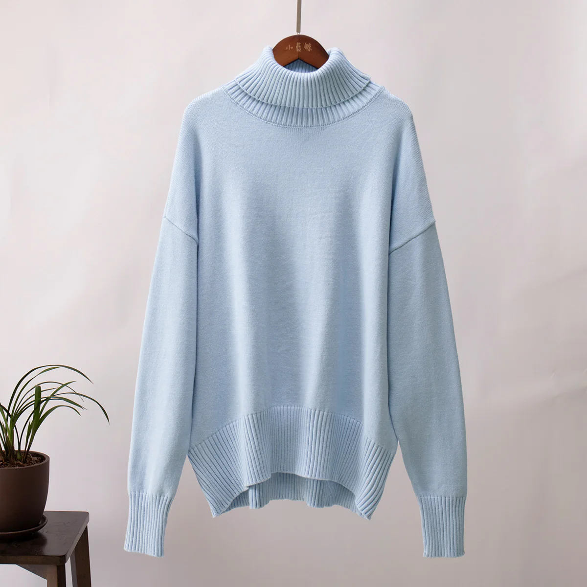 Light Blue Turtle Neck Oversized Solid Sweater - Image 2