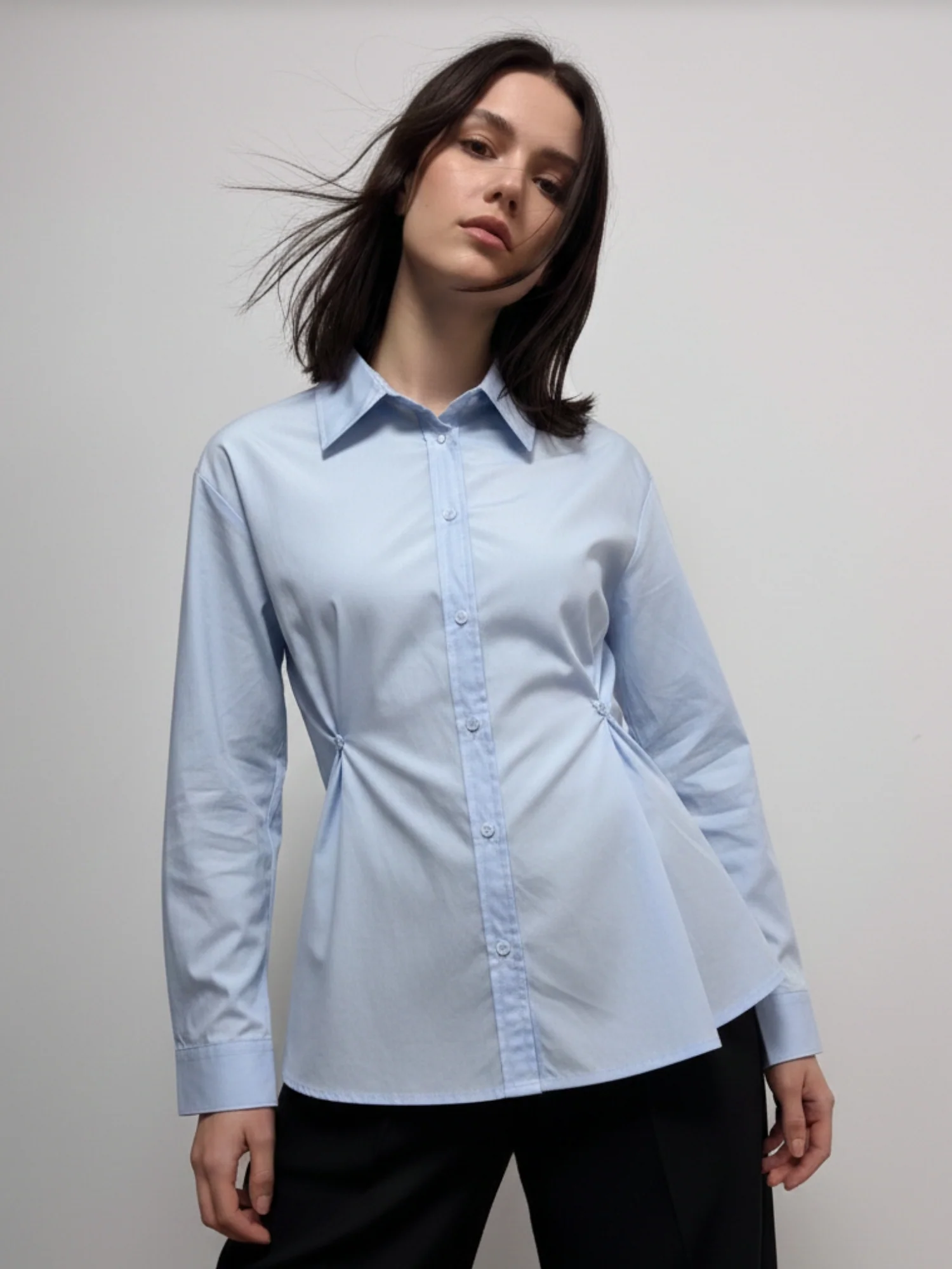 Light-Blue Waist Fitted Collared Shirt - Image 3