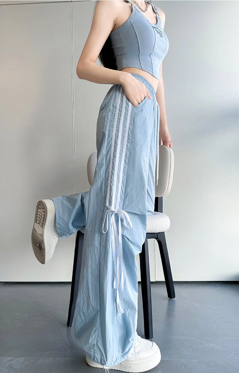 Light Blue Wide Leg Drawstring Stripe Pin Tuck Sweatpants - Image 2
