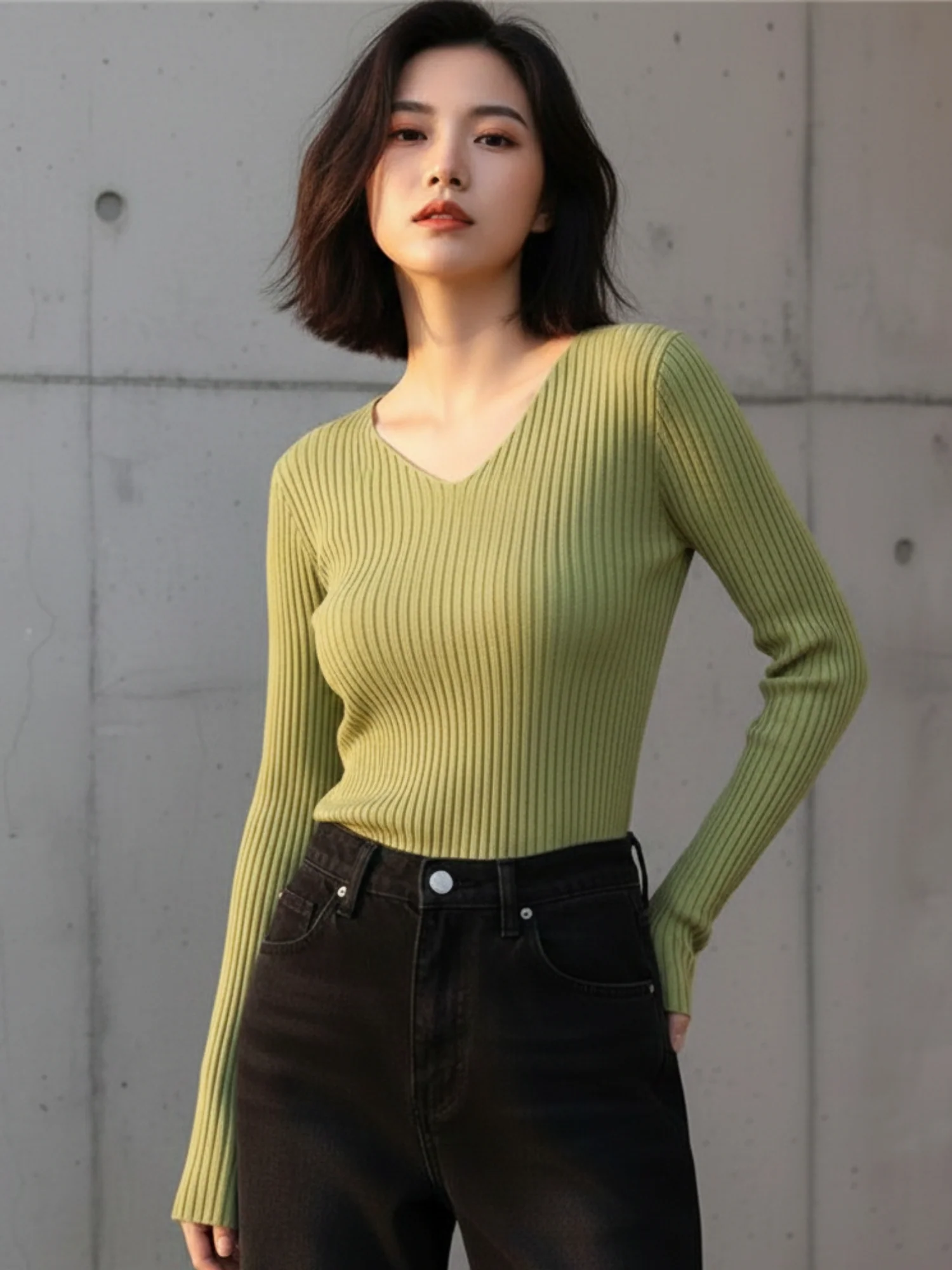 Light Green Full Sleeve V Neck Fitted Top - Image 2