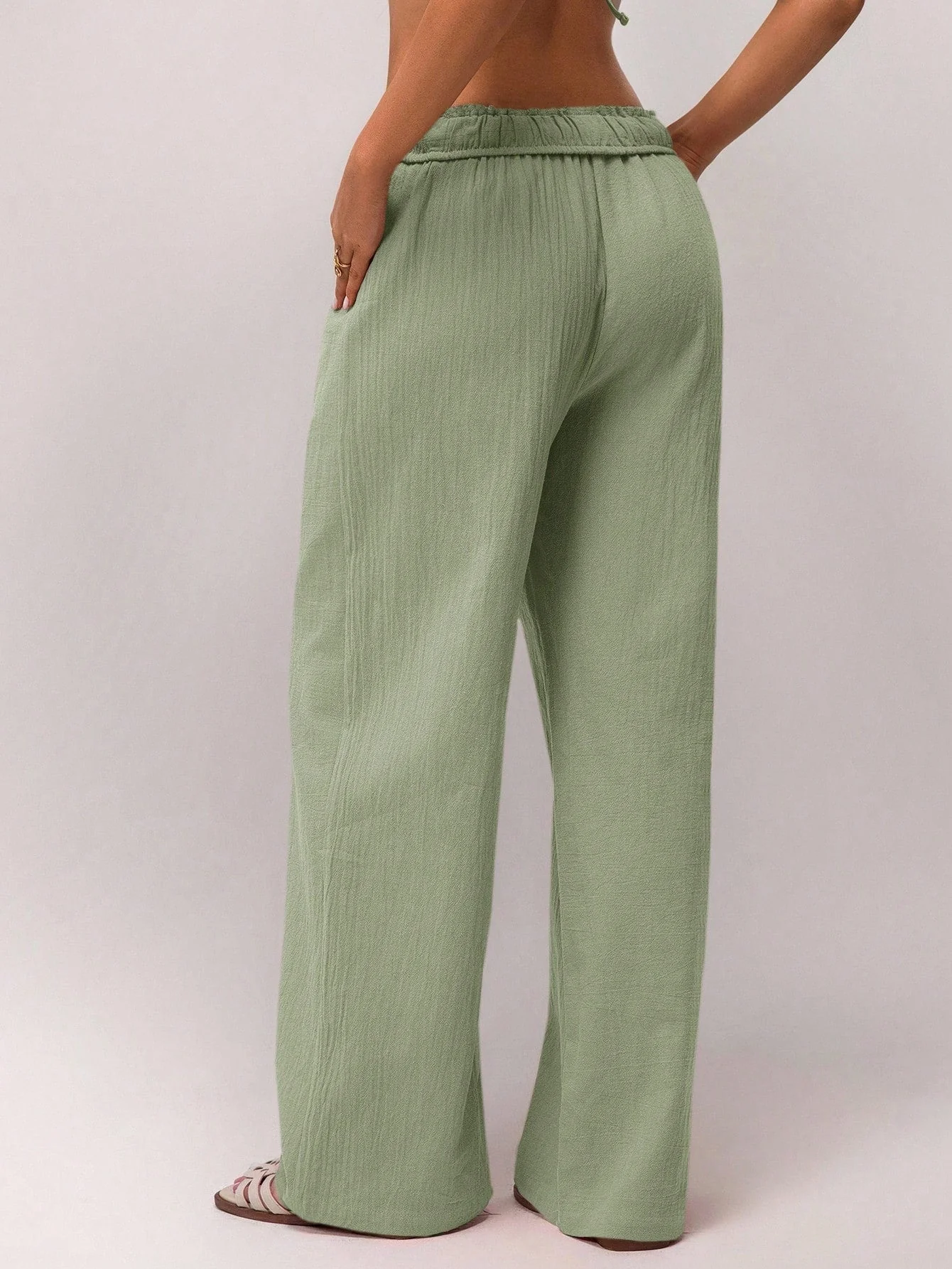 Light Green High Waist Drawstring Wide Leg Trouser - Image 2