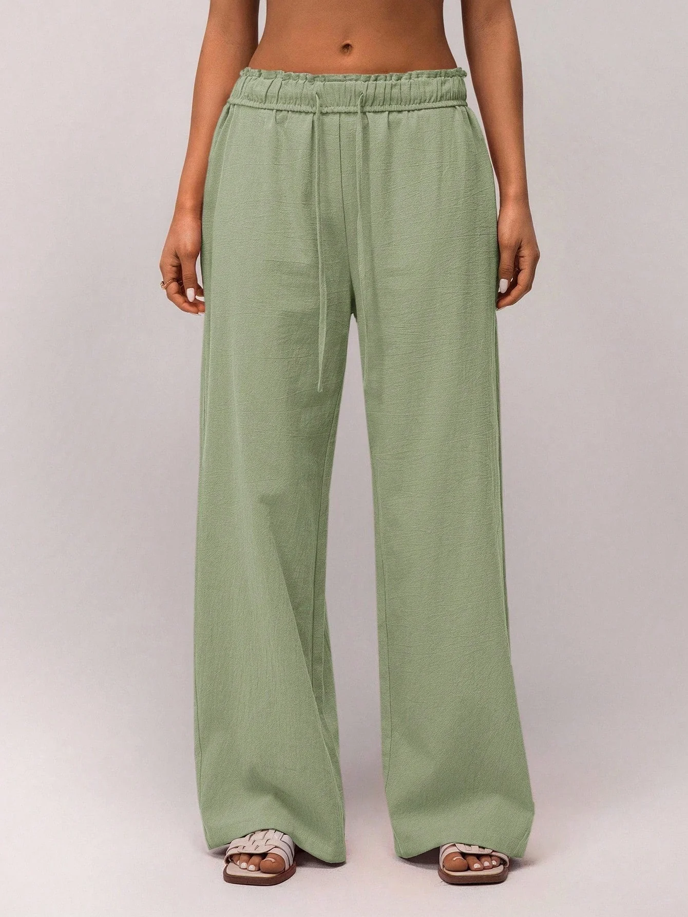 Light Green High Waist Drawstring Wide Leg Trouser - Image 3