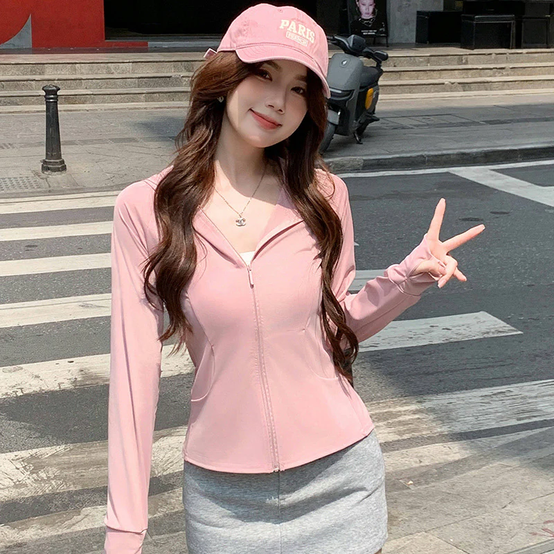 Light Pink Front Zipper Light Weight Hoodie Sweatshirt With Pockets - Image 2