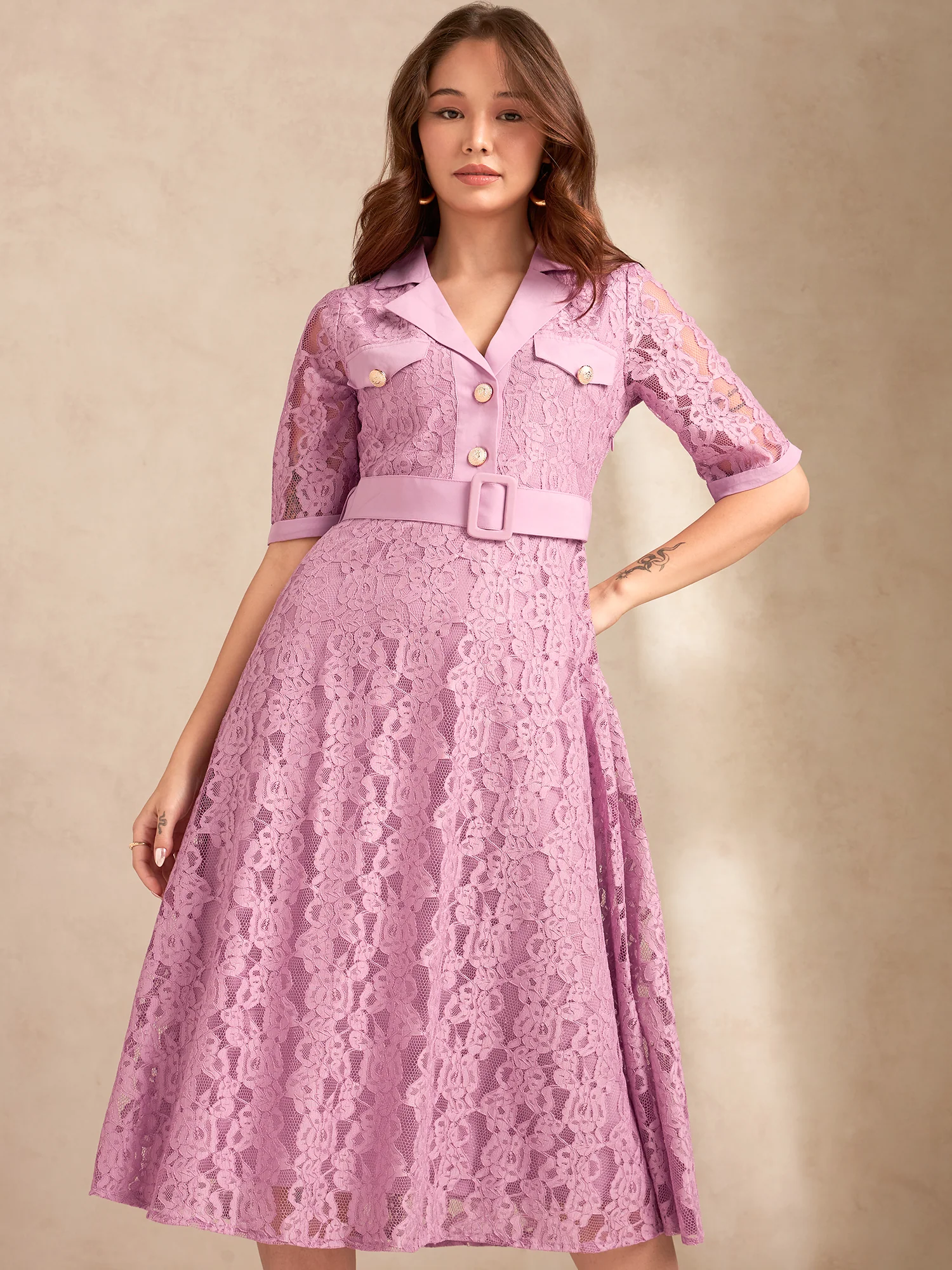 Lilac Lace Shirt Dress With Belt Detail - Image 3