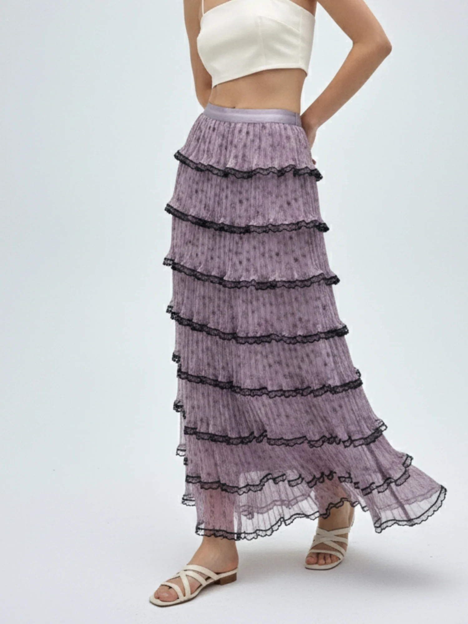 Lilac Printed Tiered Skirt With Contrast Borders - Image 3