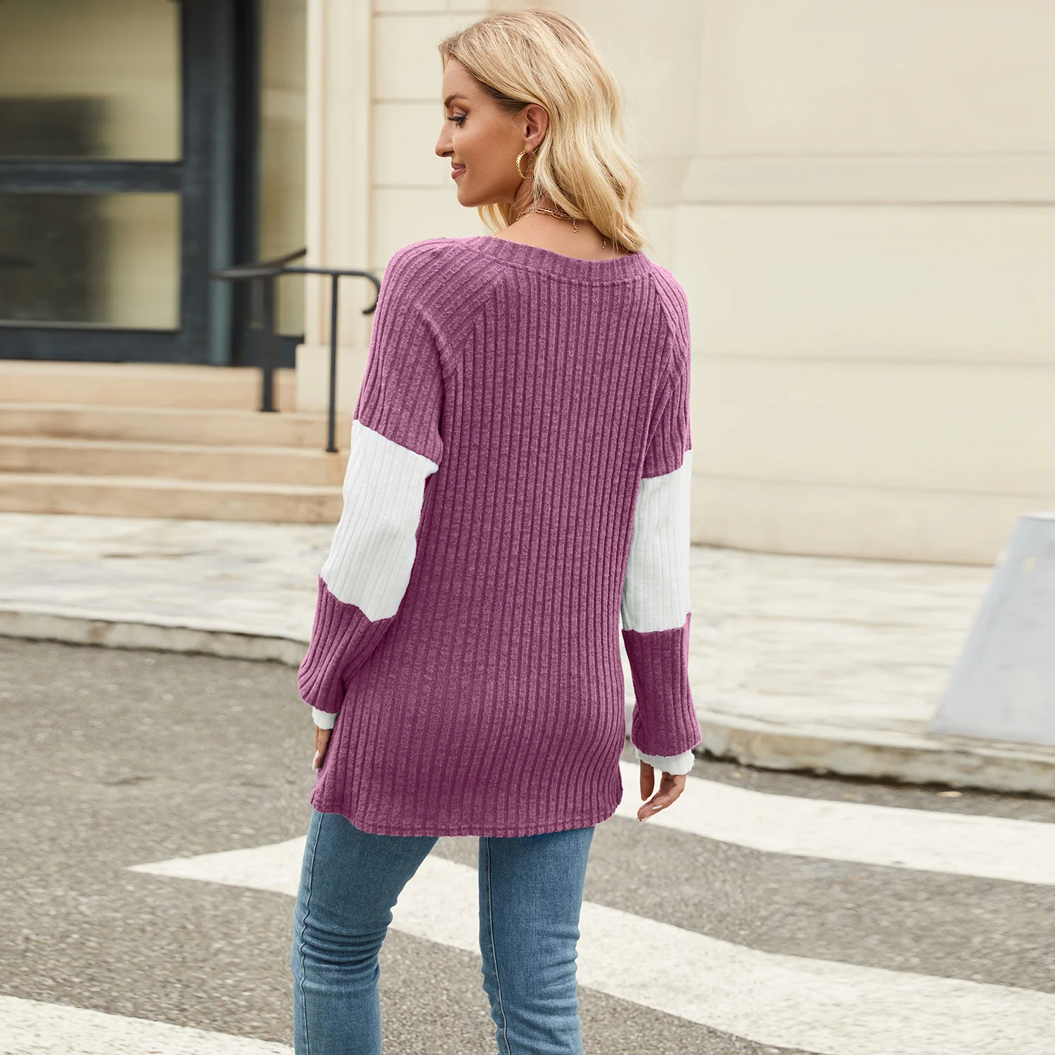 Magenta Full Sleeves Color Block V Neck Top - Image 5