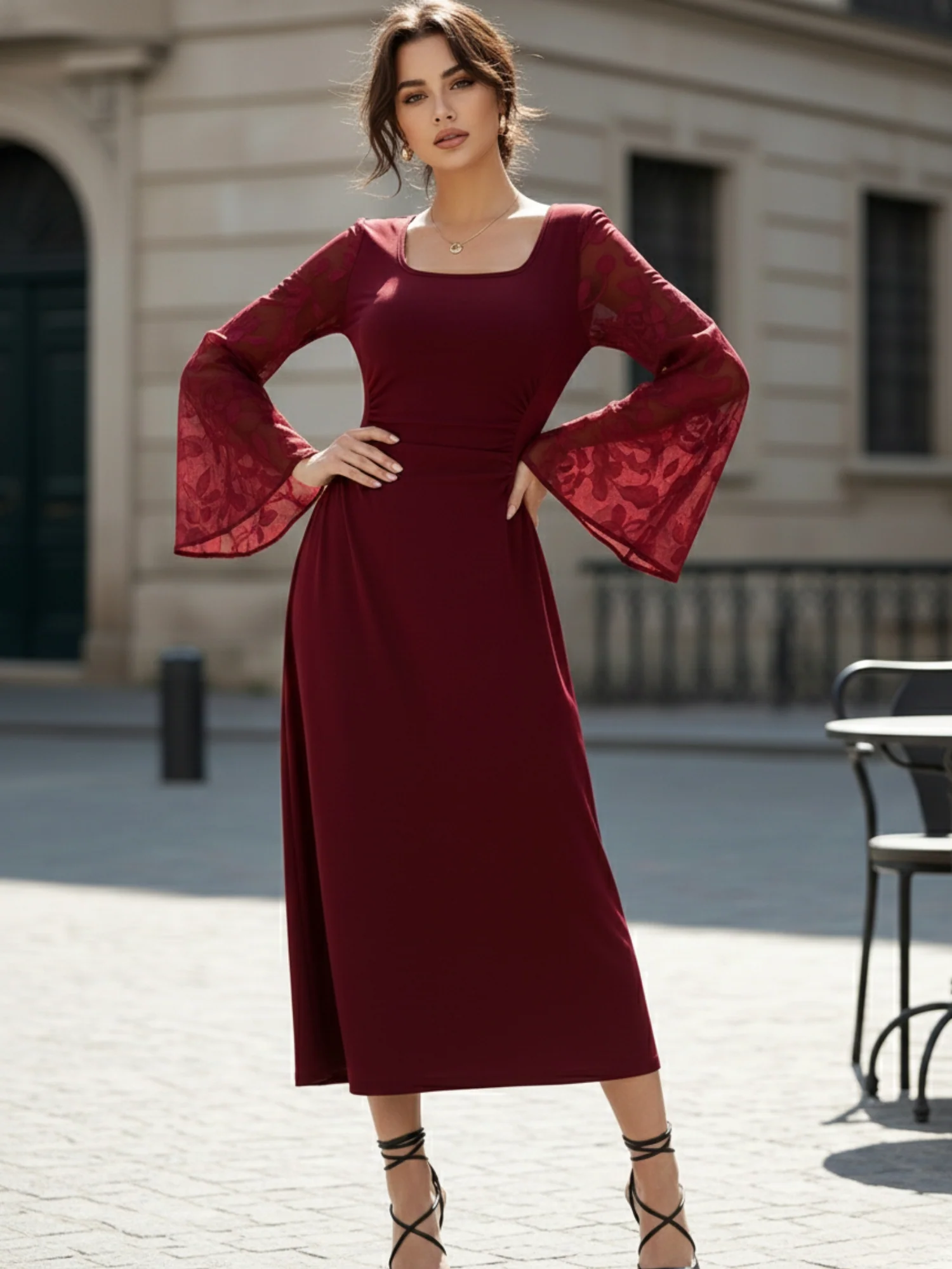 Maroon Bell Sleeve Scoop Neck Lace Detail Dress - Image 4