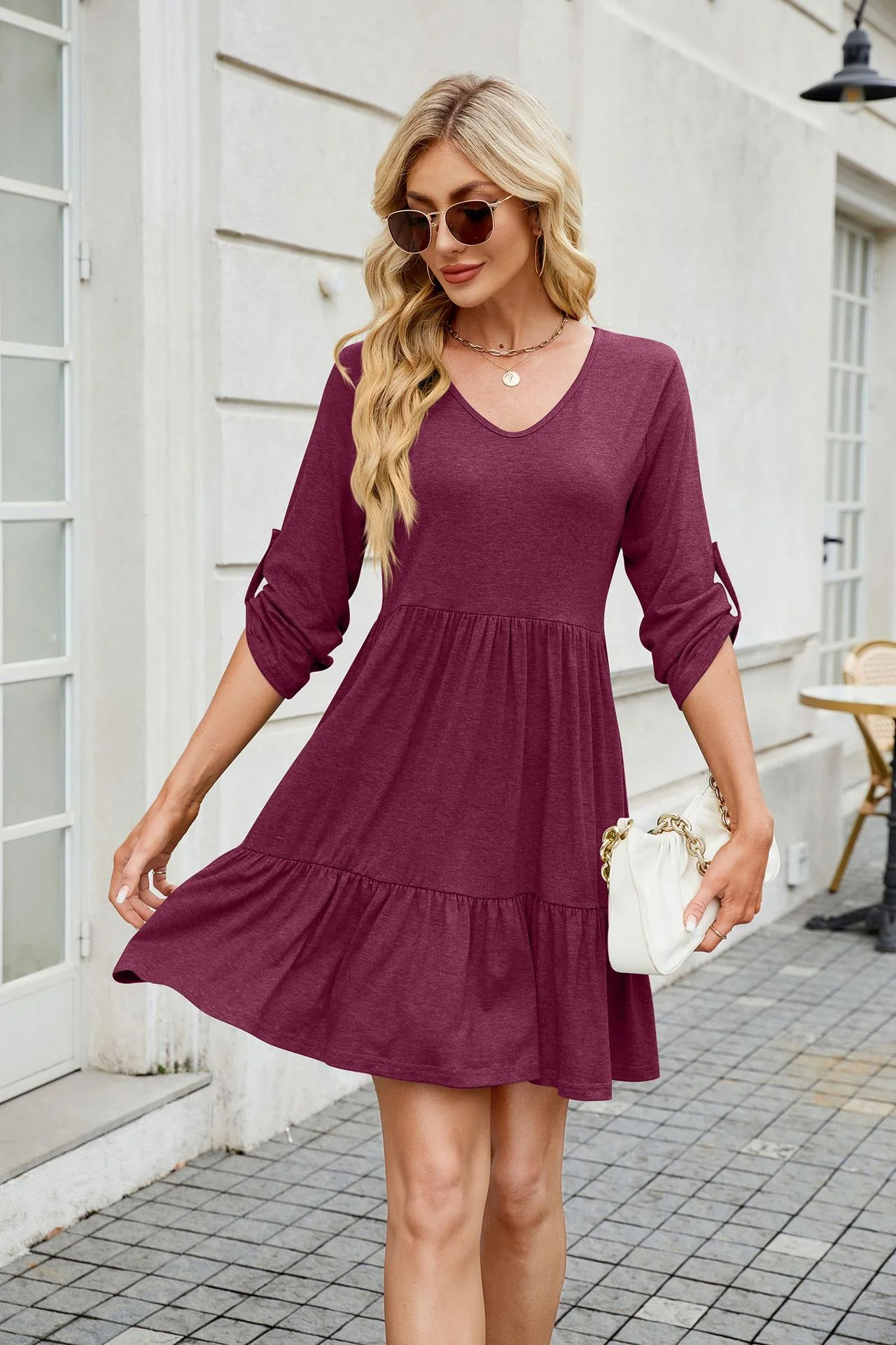 Maroon Button Up Sleeves Scoop Neck Dress - Image 2