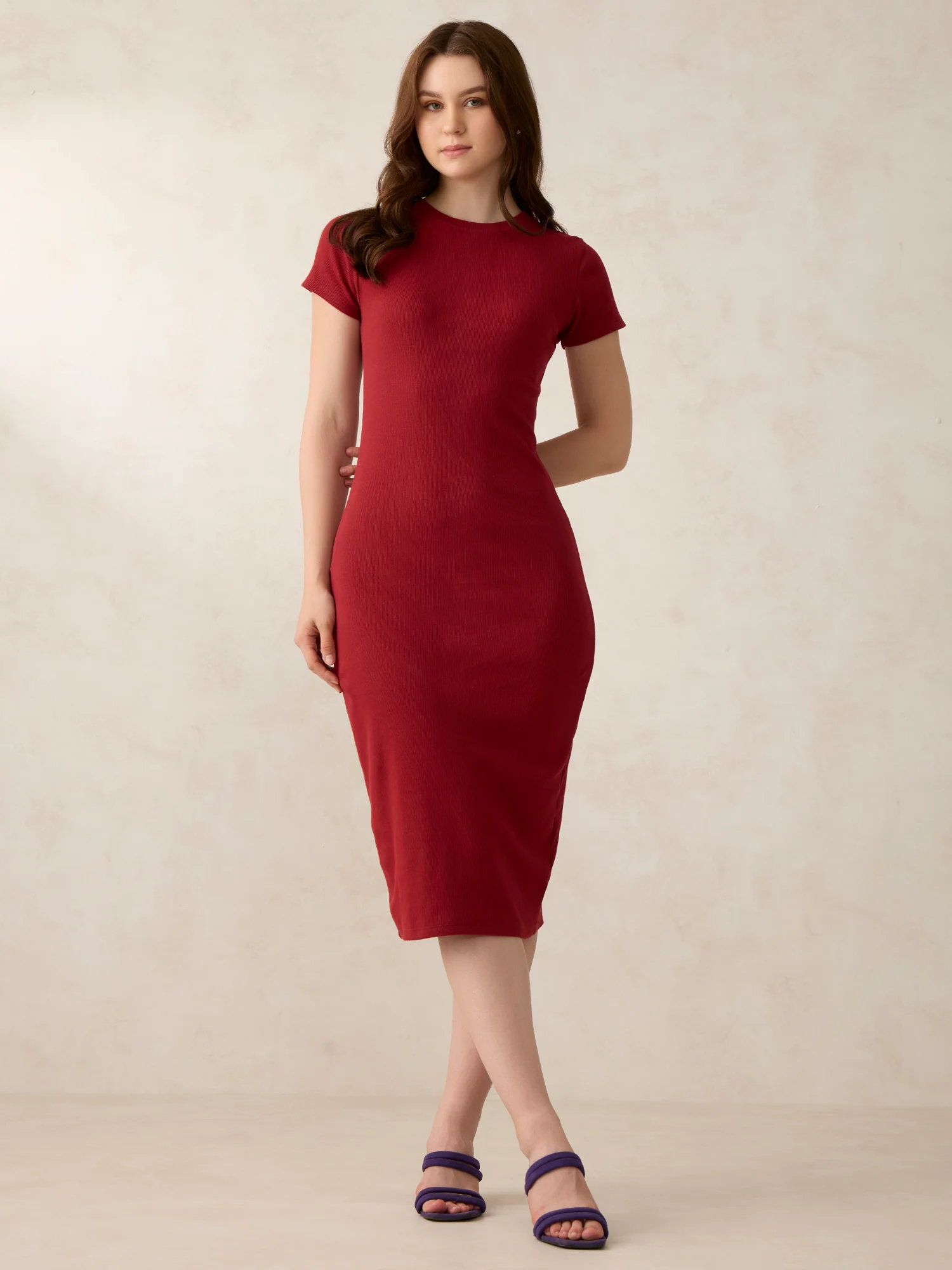 Maroon Crew Neck Bodycon T-Shirt Dress - Image 3