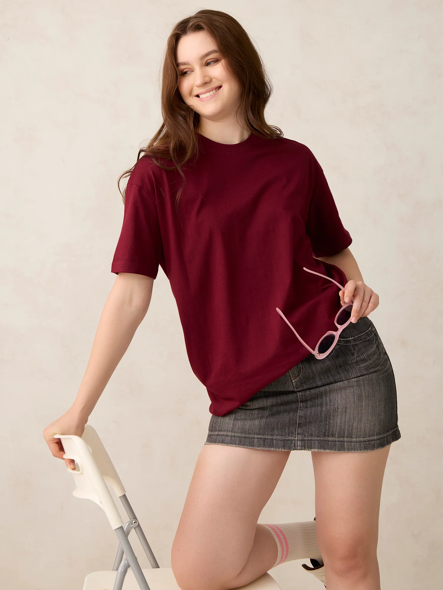 Maroon Crew Neck Solid Oversized T-Shirt - Image 6