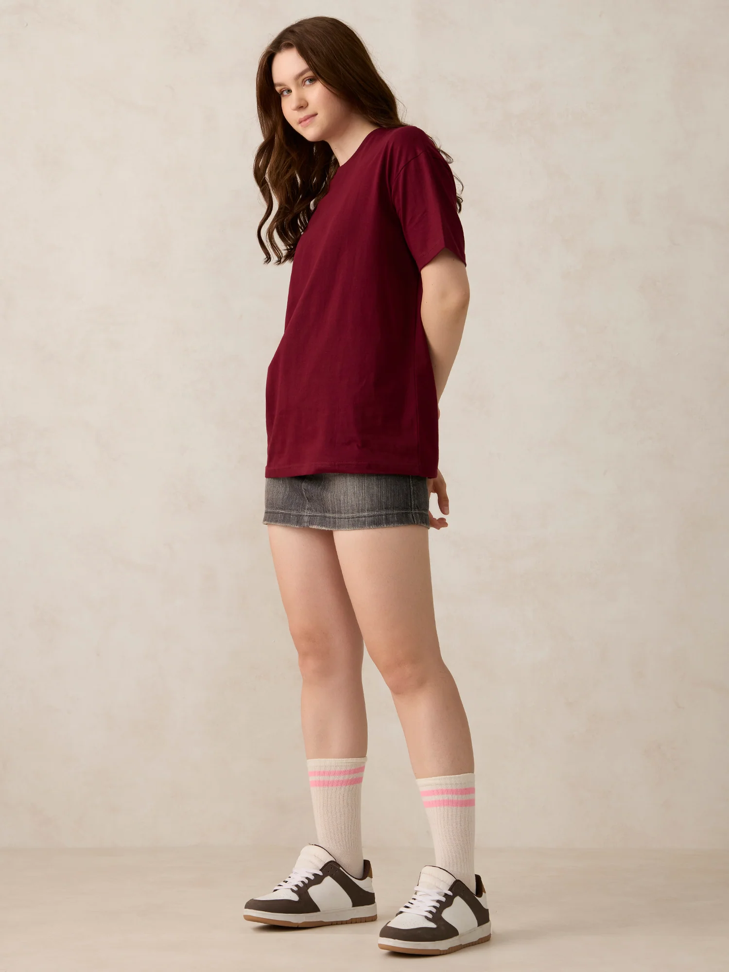 Maroon Crew Neck Solid Oversized T-Shirt - Image 8