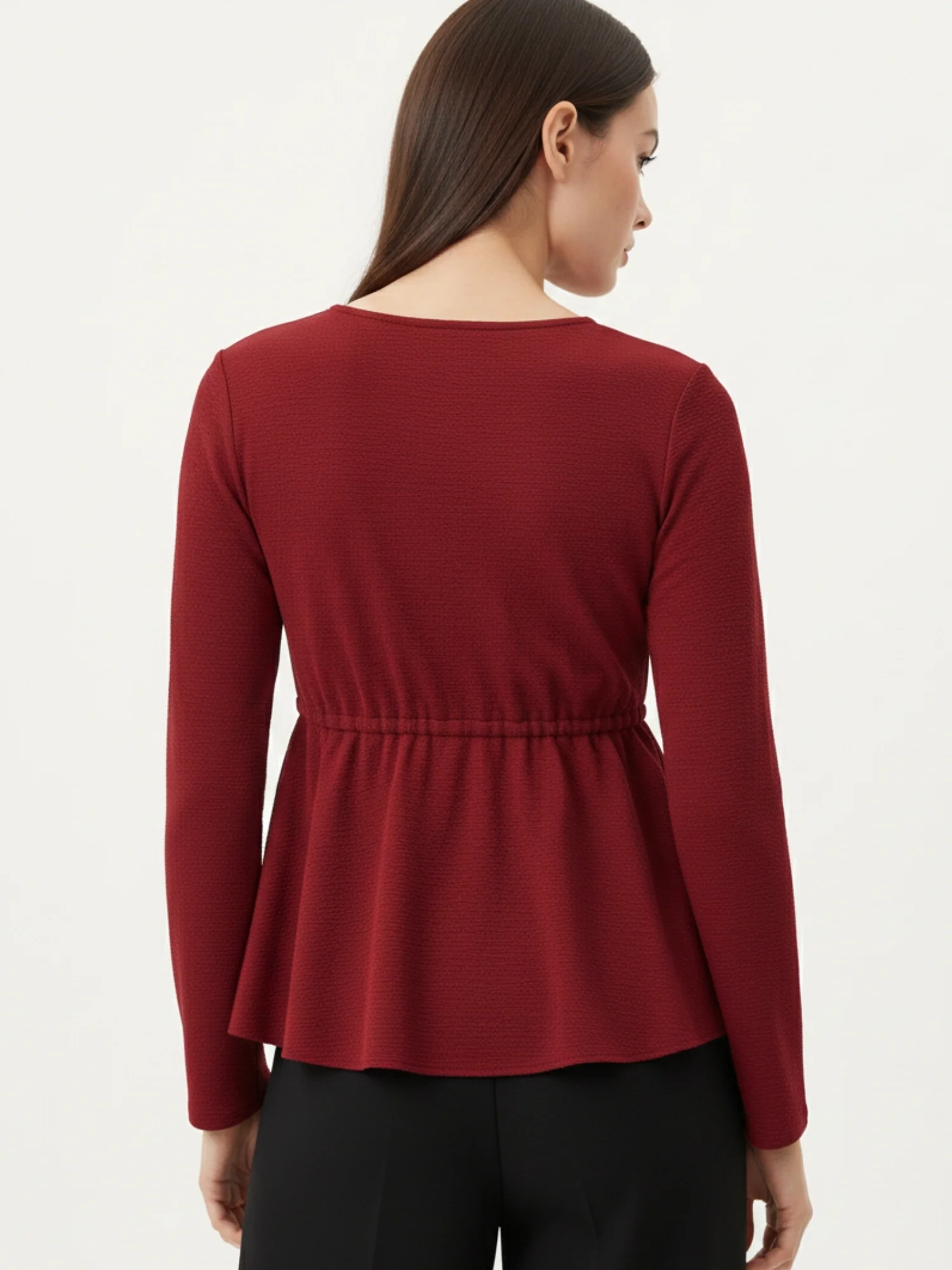 Maroon Round Neck Peplum Top With Full Sleeves - Image 5