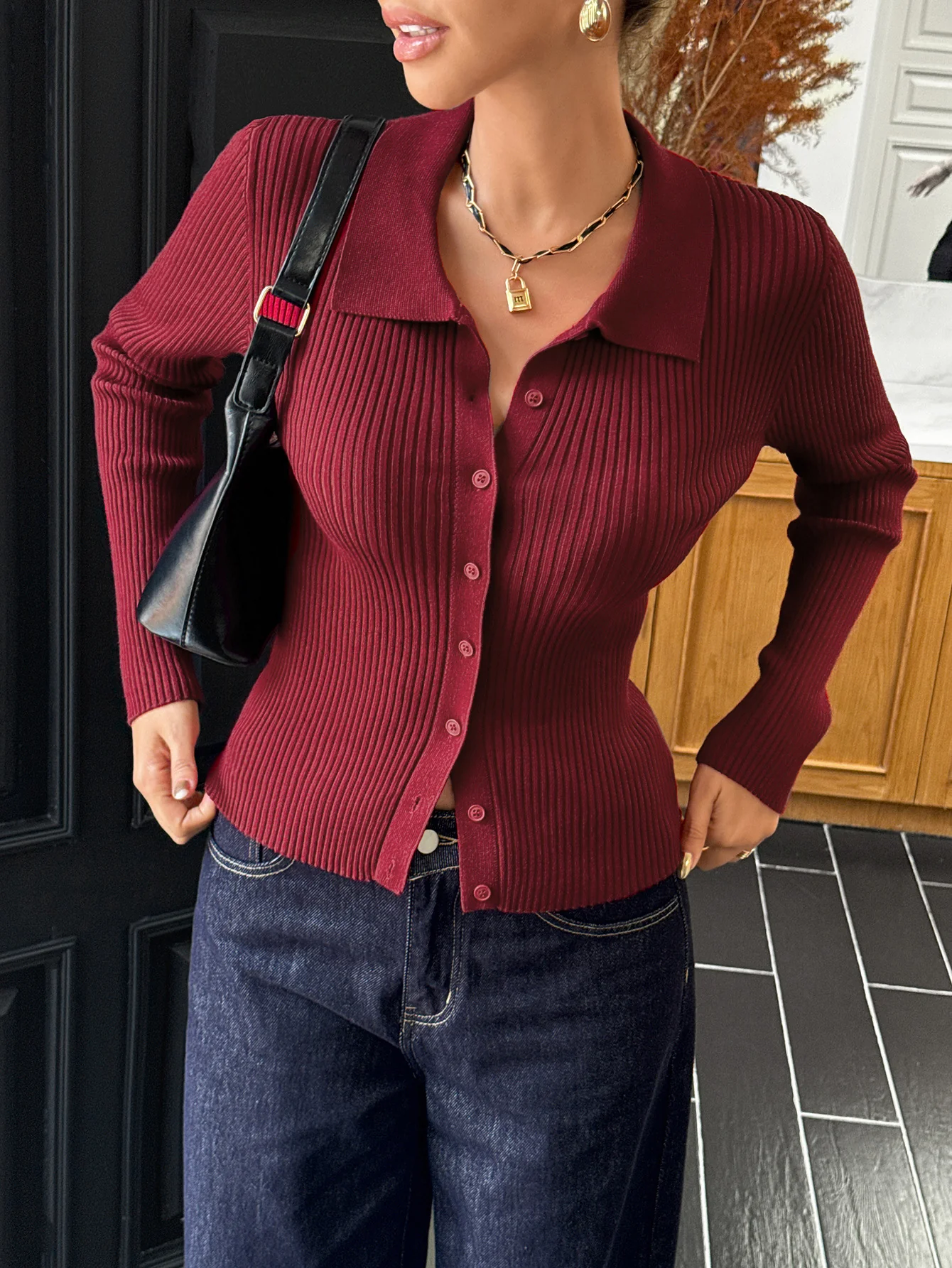 Maroon Full Sleeve Collared Neck Front Buttoned Top
