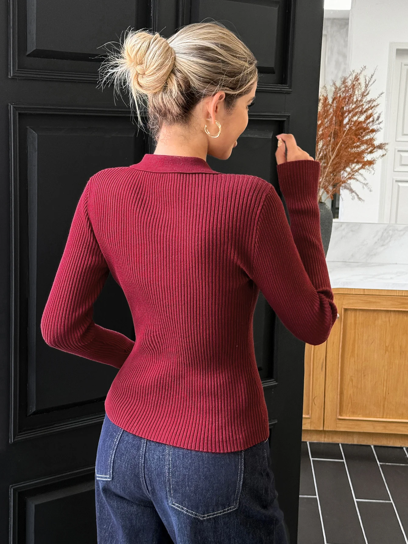Maroon Full Sleeve Collared Neck Front Buttoned Top - Image 2