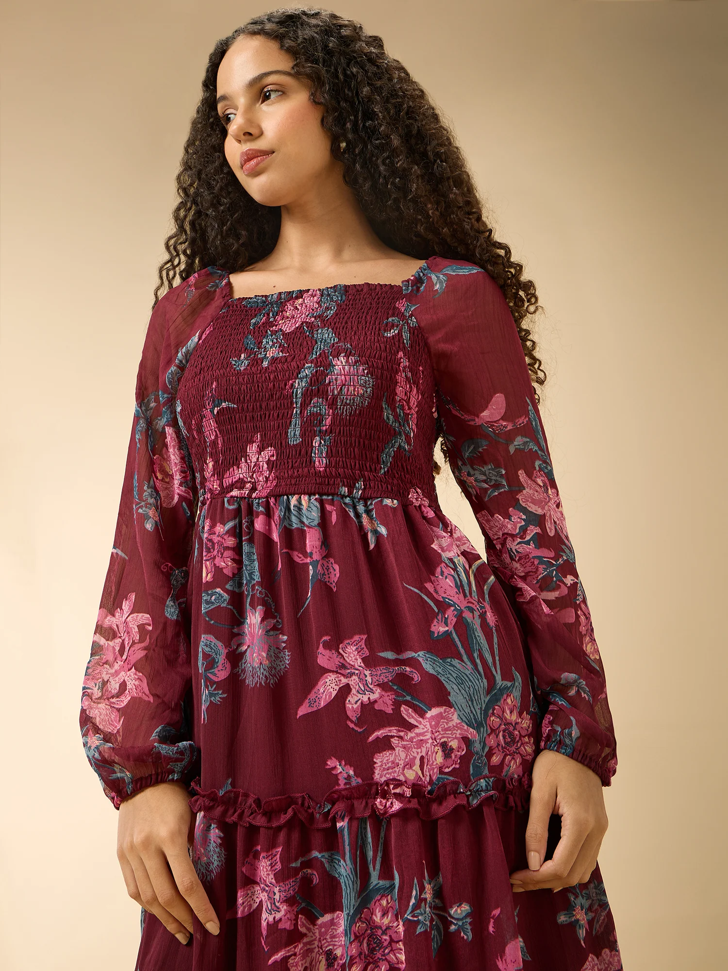 Maroon Full Sleeve Fit & Flare Dress - Image 8