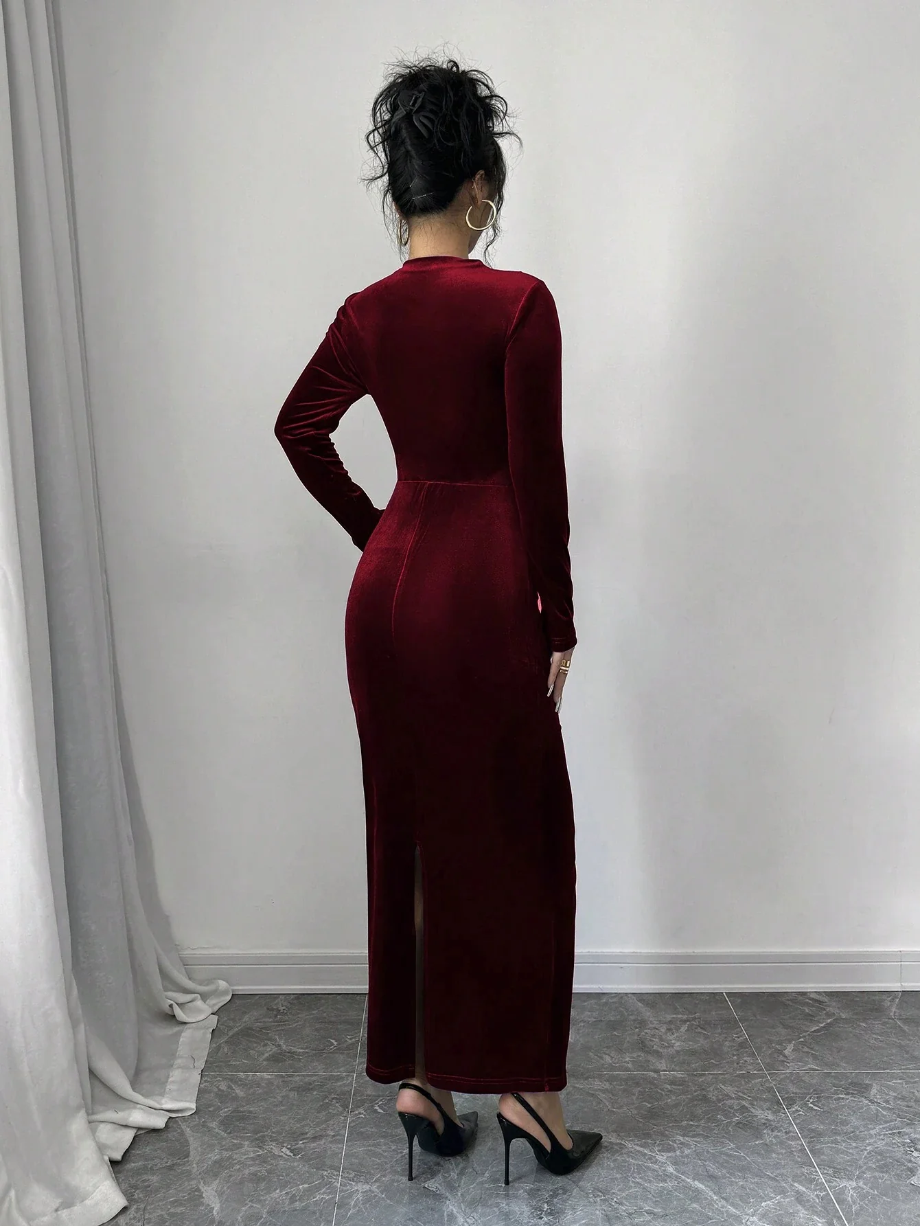 Maroon Full Sleeve Mock Neck Fitted Dress - Image 3