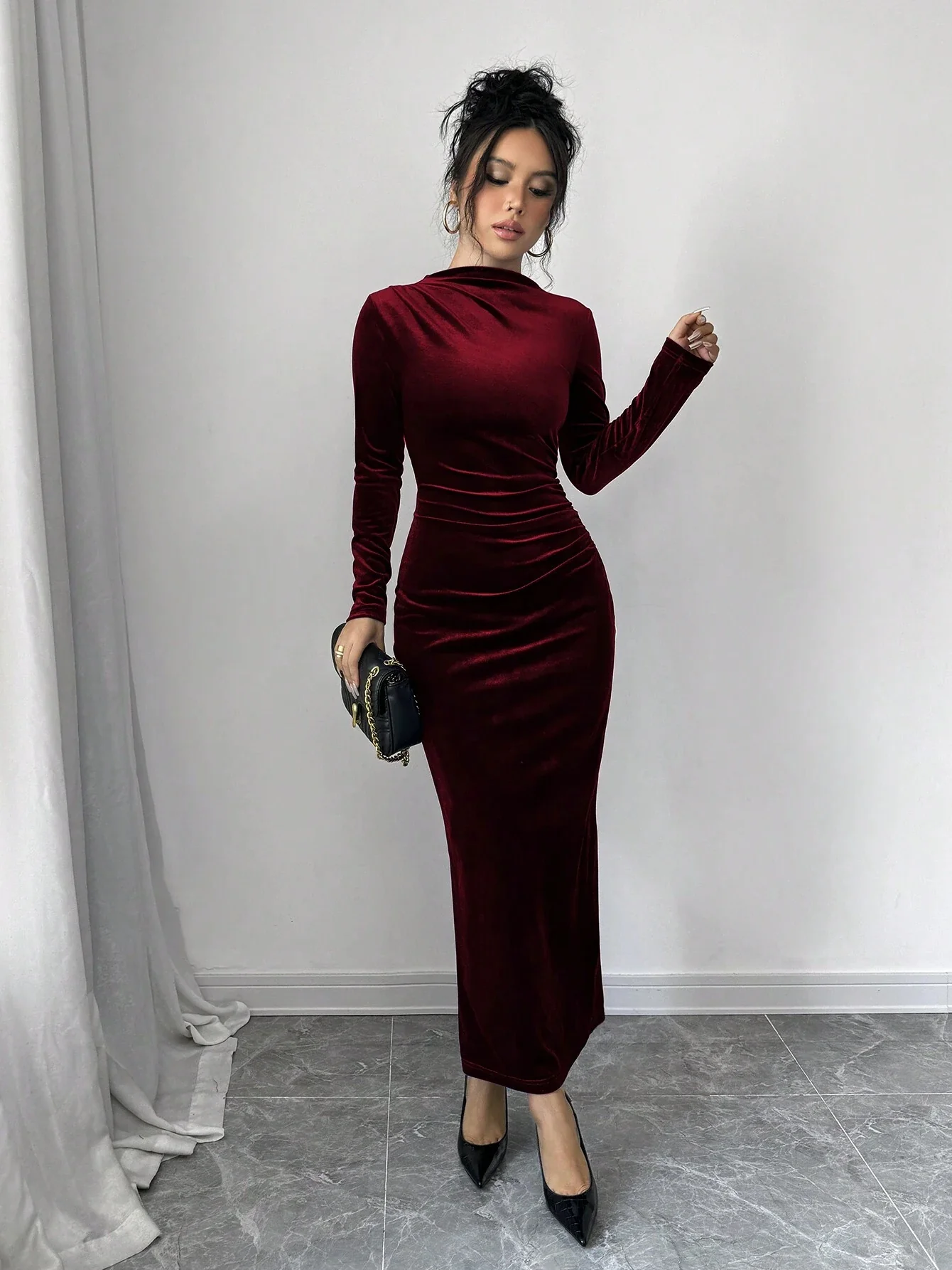 Maroon Full Sleeve Mock Neck Fitted Dress - Image 4