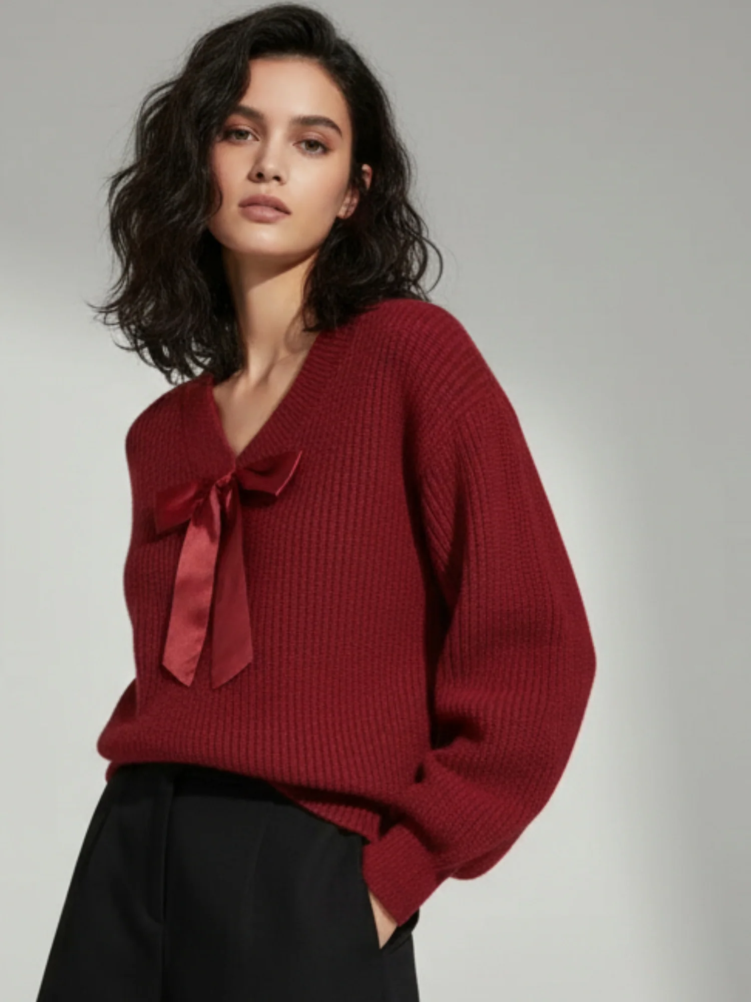Maroon Full Sleeve V Neck Front Bow Sweater - Image 2