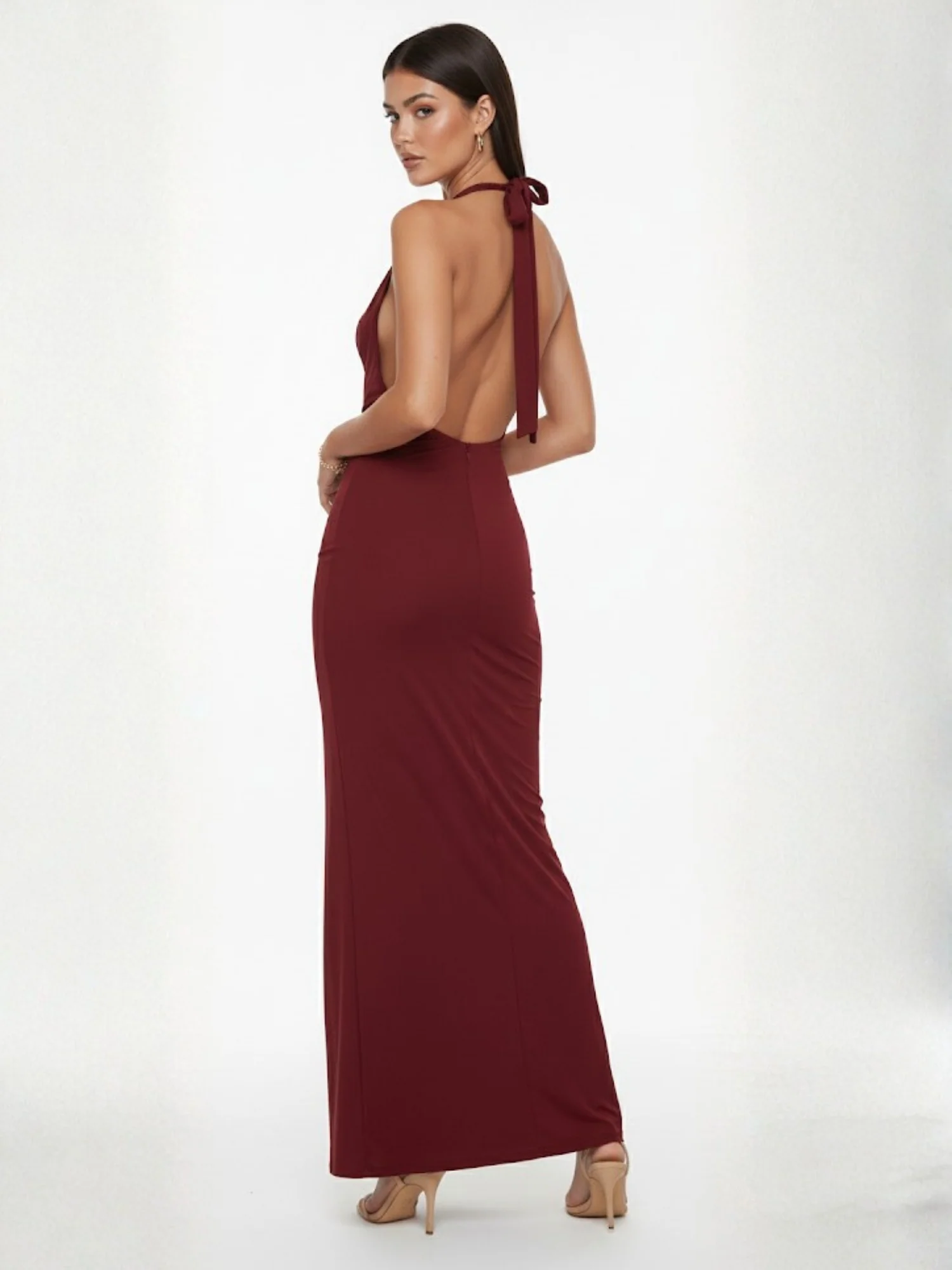 Maroon Halter Cowl Neck Dress - Image 2