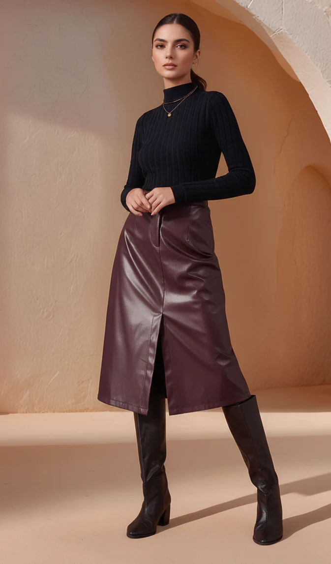 Maroon High Waist Front Buttoned Pu Skirt - Image 2
