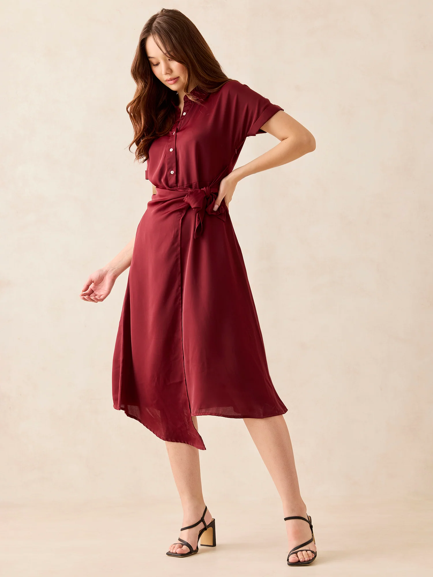 Maroon Midi Tie Up Detail Shirt Dress - Image 4