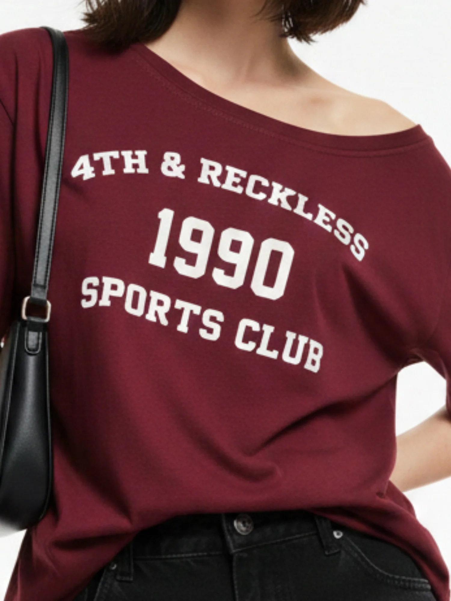 Maroon Off-Shoulder Graphic Printed T-Shirt - Image 5