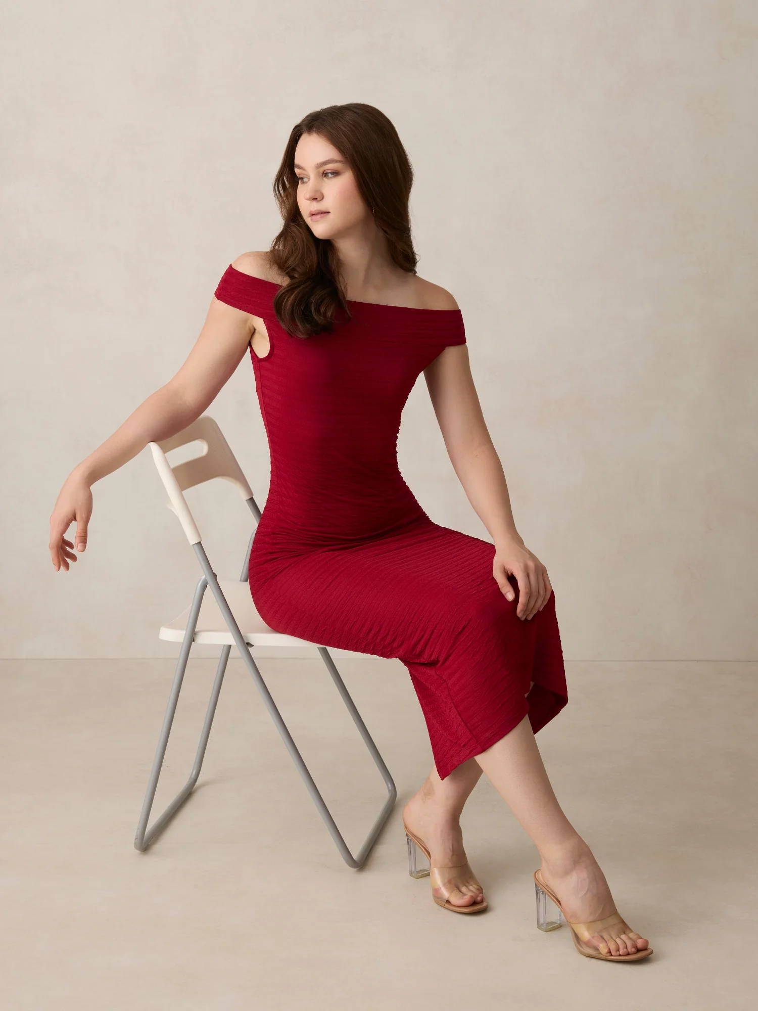 Maroon Off Shoulder Textured Knit Dress - Image 6