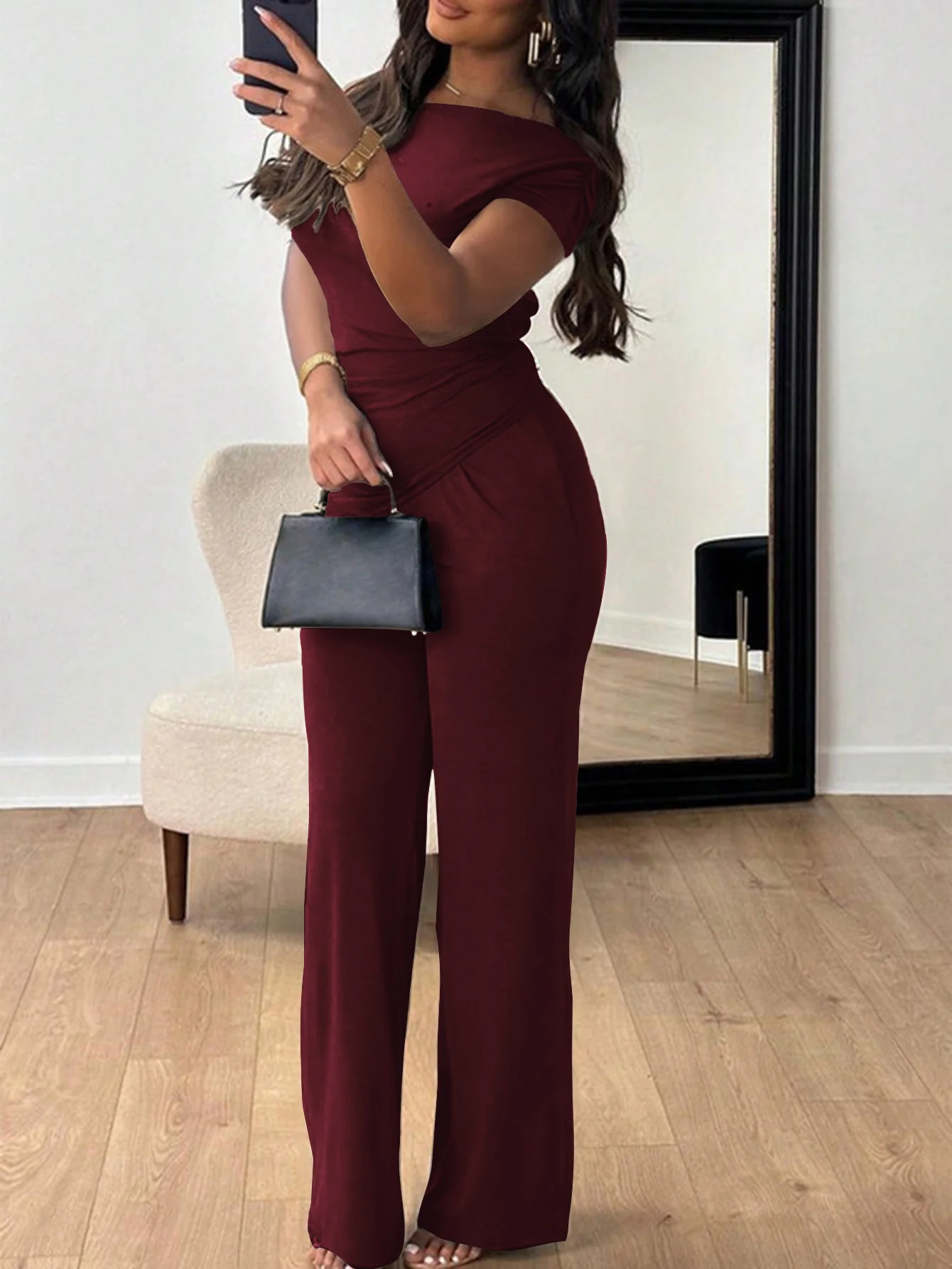 Maroon Off-Shoulder Top And Pant Co-Ord Set - Image 2