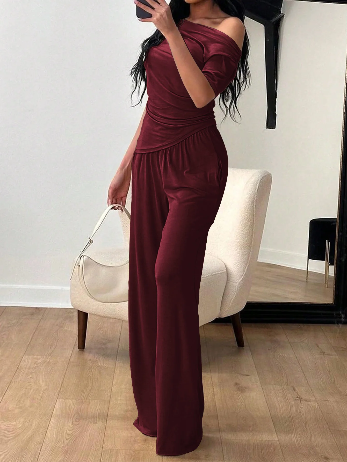 Maroon Off-Shoulder Top And Pant Co-Ord Set - Image 3