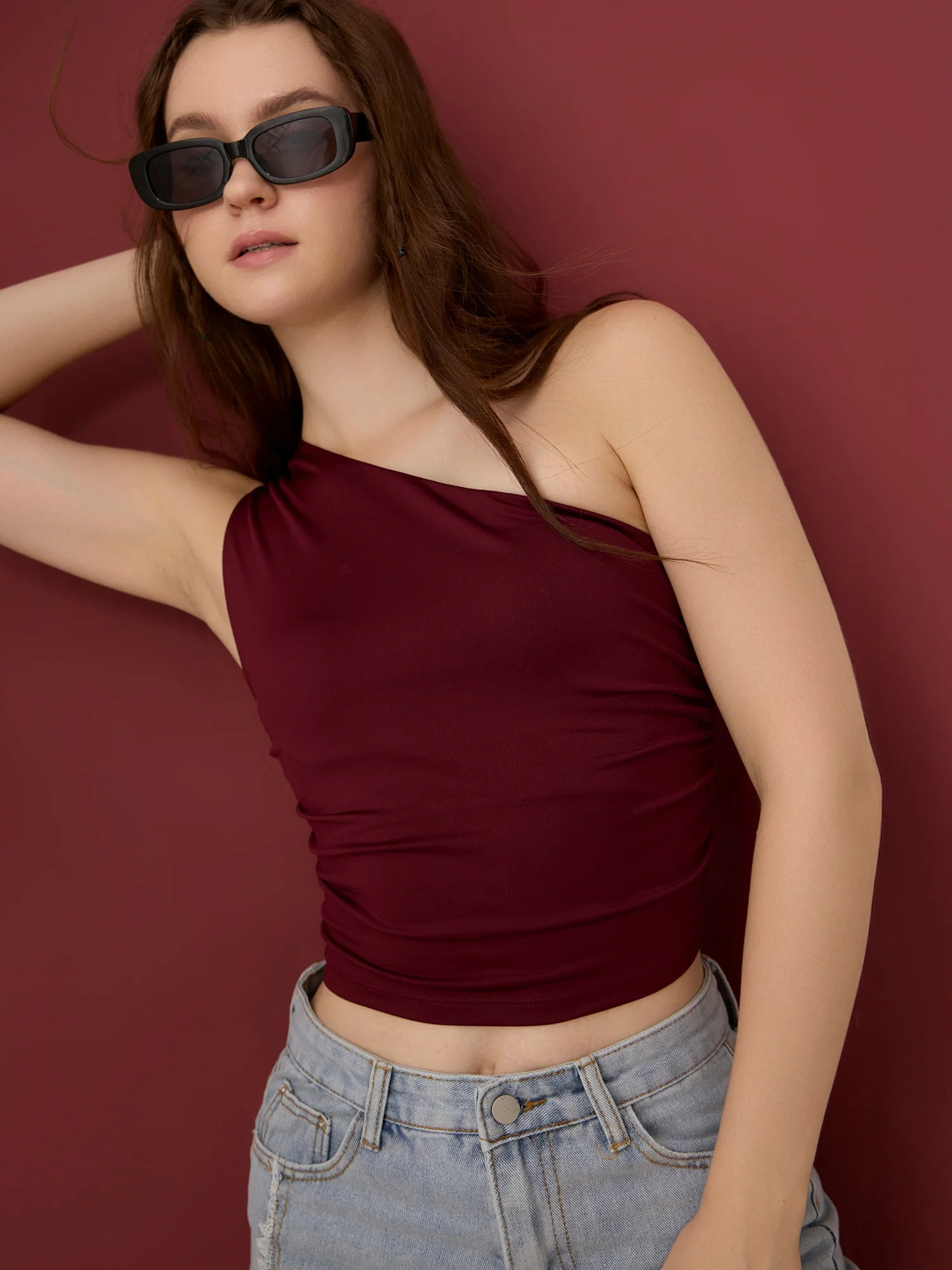 Maroon One Shoulder Side Ruched Tank - Image 5