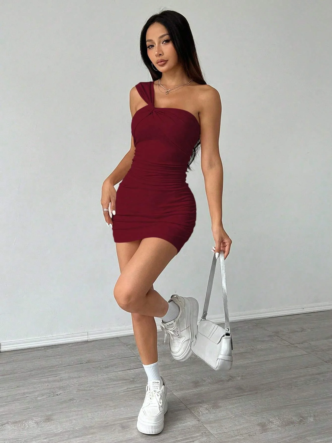 Maroon One Shoulder Twisted Knit Dress - Image 2