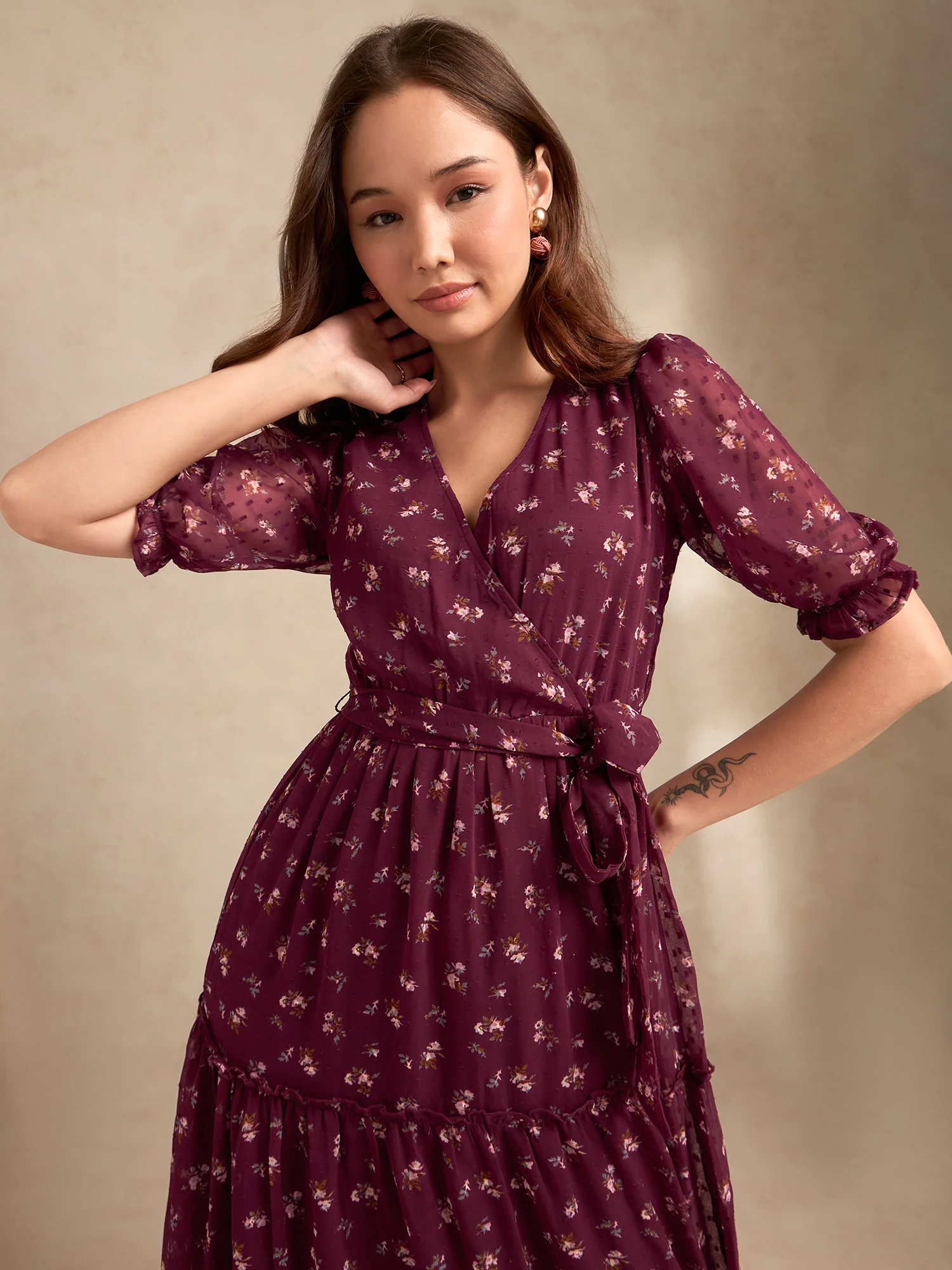 Maroon Printed Maxi Wrap Tiered Dress - Image 2