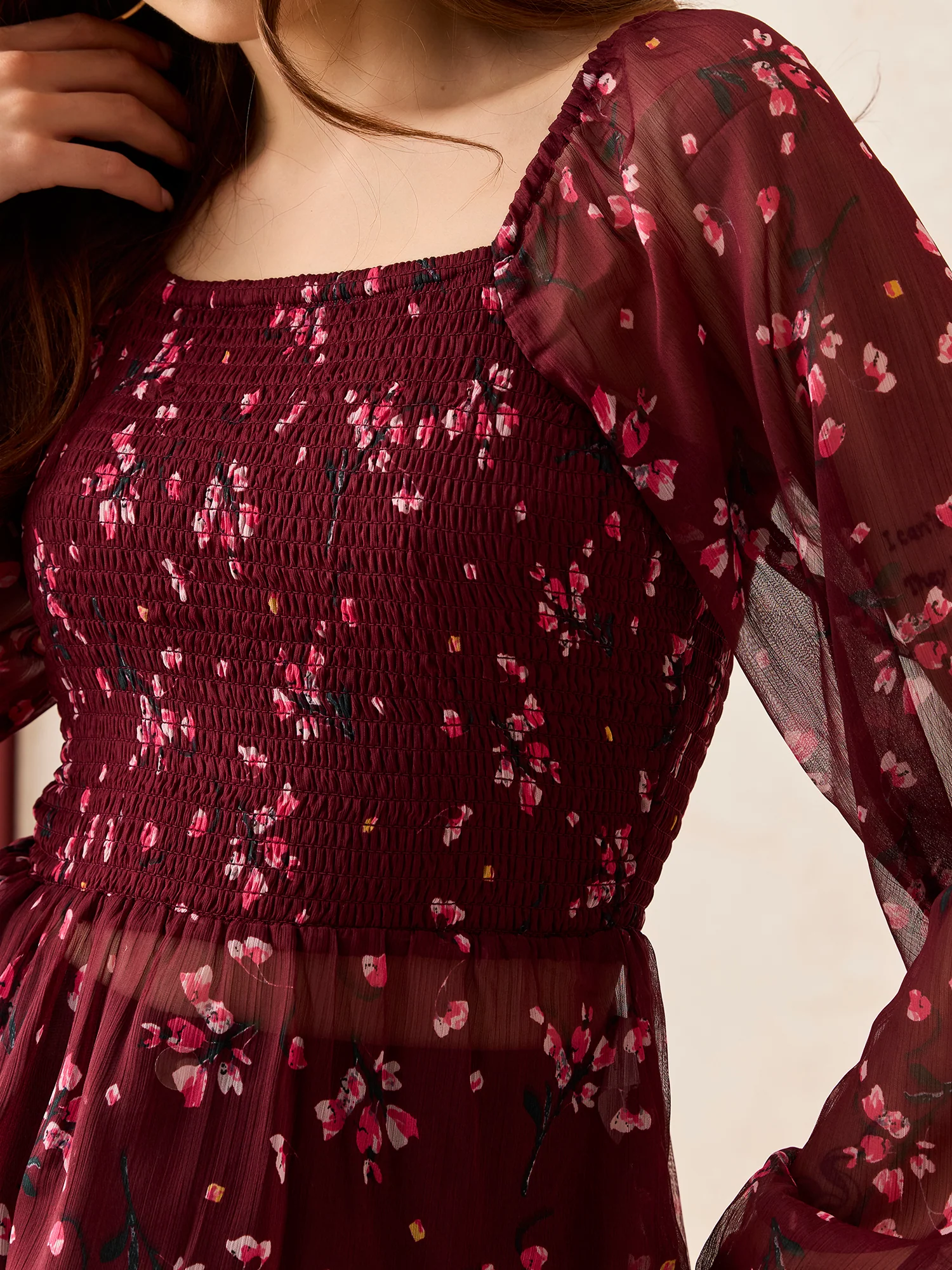 Maroon Printed Smocked Top - Image 5